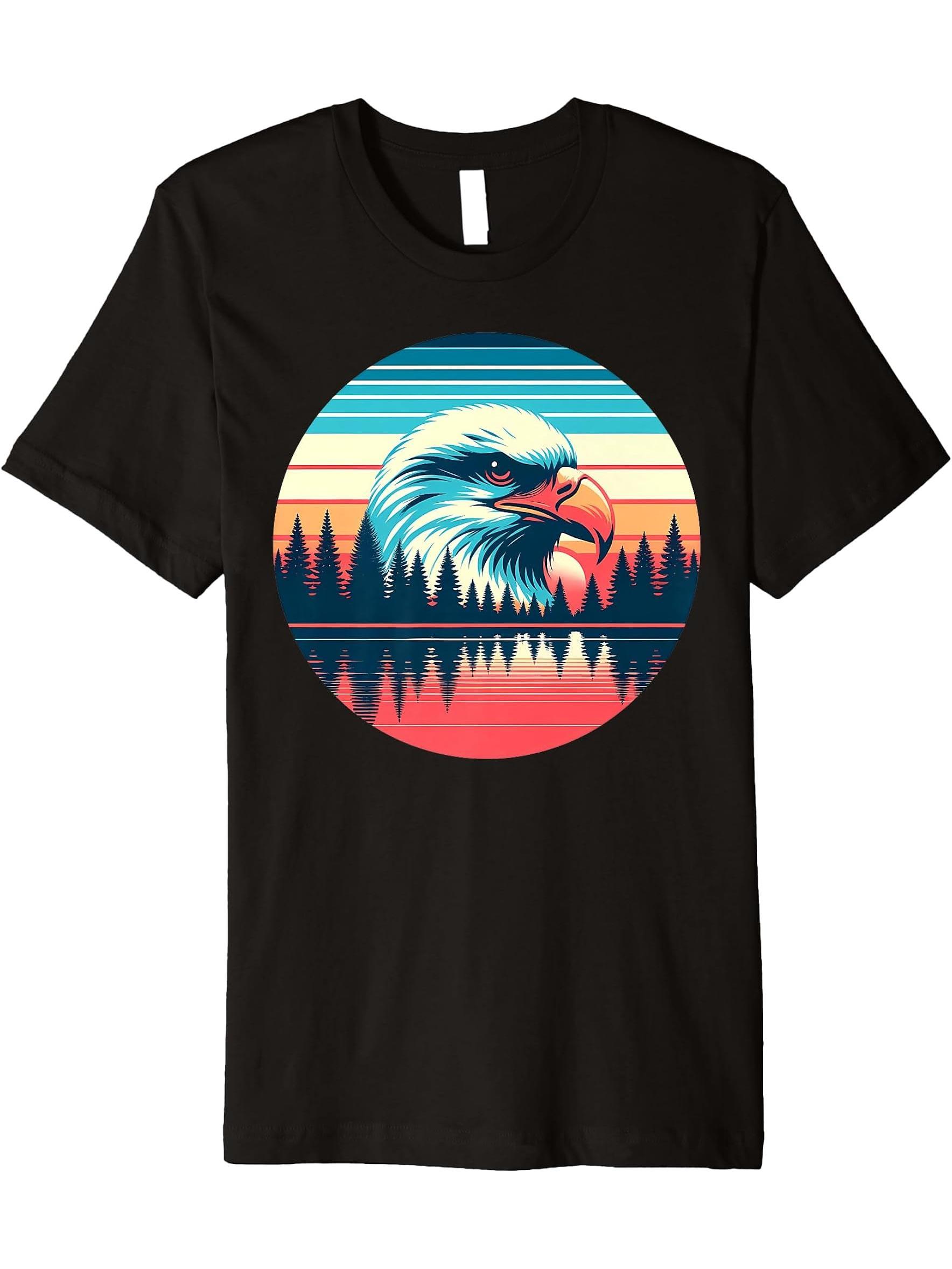 Bald Eagle Bird Sunset Retro Style Safari Vintage 70s Premium T-Shirt 180G 100% Cotton Printed Round Neck Short-Sleeve T-Shirt, Gifts for Men Dad Husband Grandpa, S-XXXL, Black