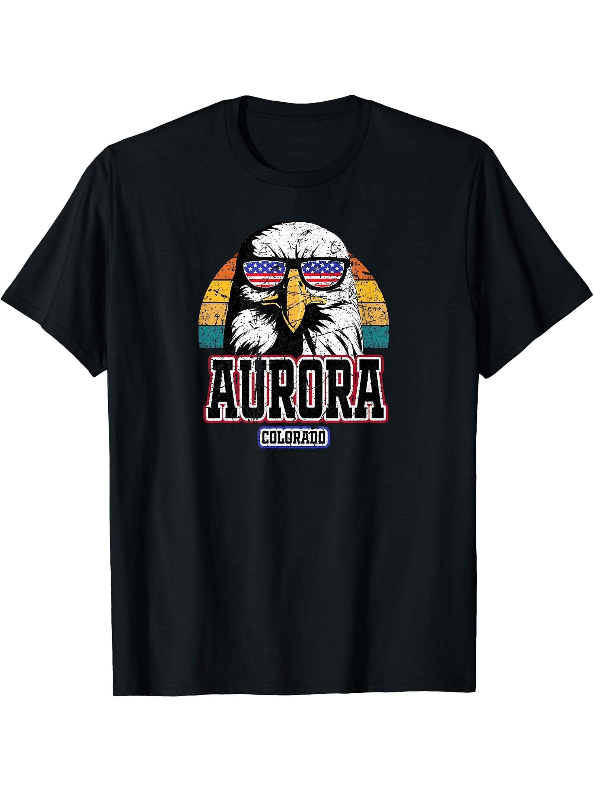 Aurora Colorado Bald Eagle USA America 4th of July Grunge T-Shirt 180G 100% Cotton Printed Round Neck Short-Sleeve T-Shirt, Gifts for Men Dad Husband Grandpa, S-XXXL, Black