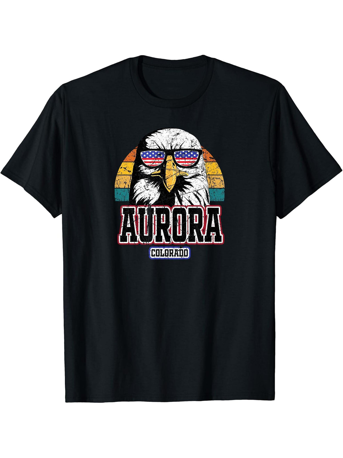 Aurora Colorado Bald Eagle USA America 4th of July Grunge T-Shirt 180G 100% Cotton Printed Round Neck Short-Sleeve T-Shirt, Gifts for Men Dad Husband Grandpa, S-XXXL, Black