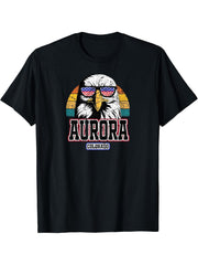 Aurora Colorado Bald Eagle USA America 4th of July Grunge T-Shirt 180G 100% Cotton Printed Round Neck Short-Sleeve T-Shirt, Gifts for Men Dad Husband Grandpa, S-XXXL, Black