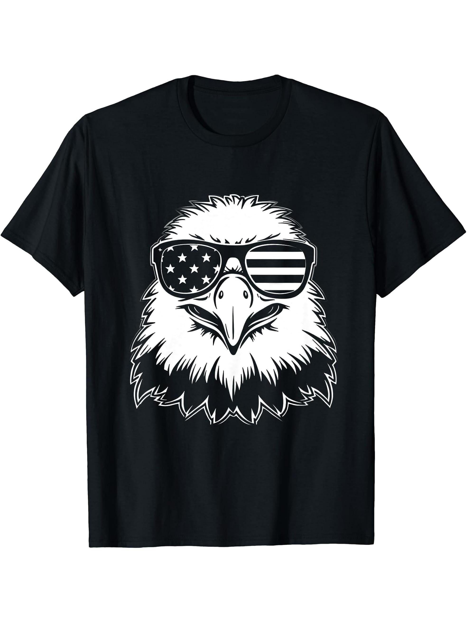 bald eagle american flag shirt 4th Of July T-Shirt 180G 100% Cotton Printed Round Neck Short-Sleeve T-Shirt, Gifts for Men Dad Husband Grandpa, S-XXXL, Black