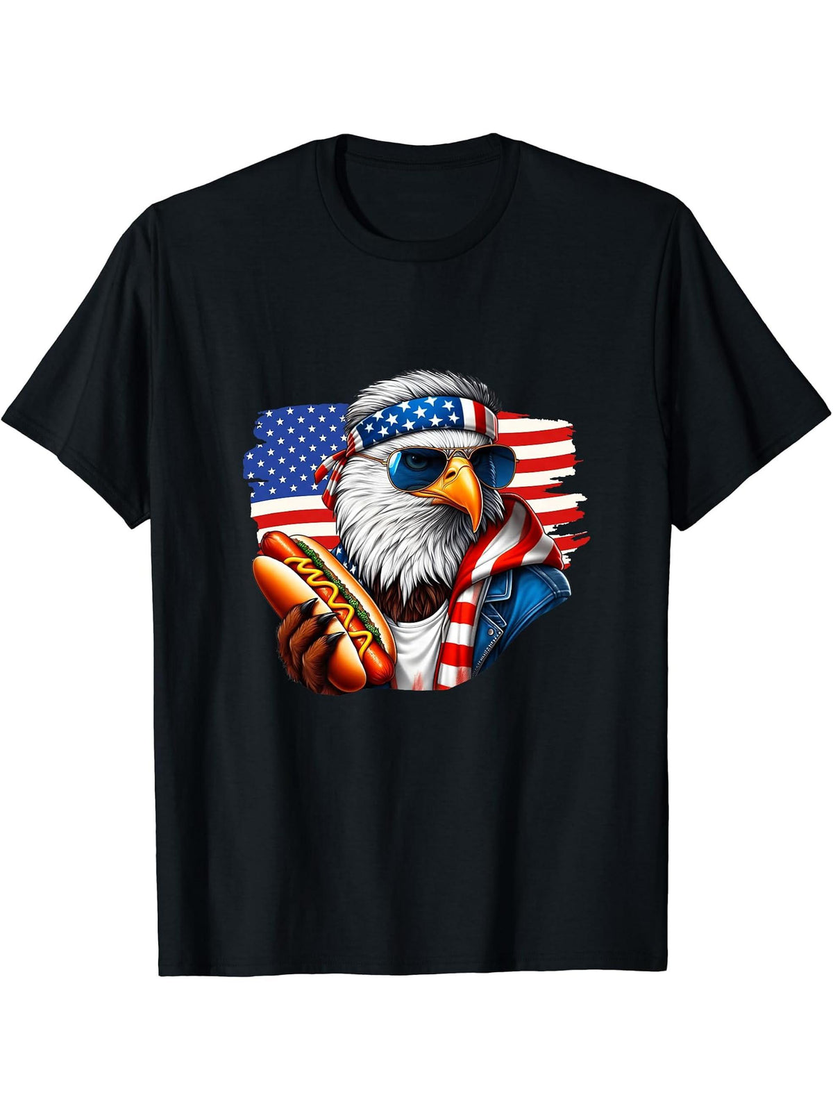 Funny Hotdog American Flag 4th Of July Patriotic Bald-Eagle T-Shirt 180G 100% Cotton Printed Round Neck Short-Sleeve T-Shirt, Gifts for Men Dad Husband Grandpa, S-XXXL, Black