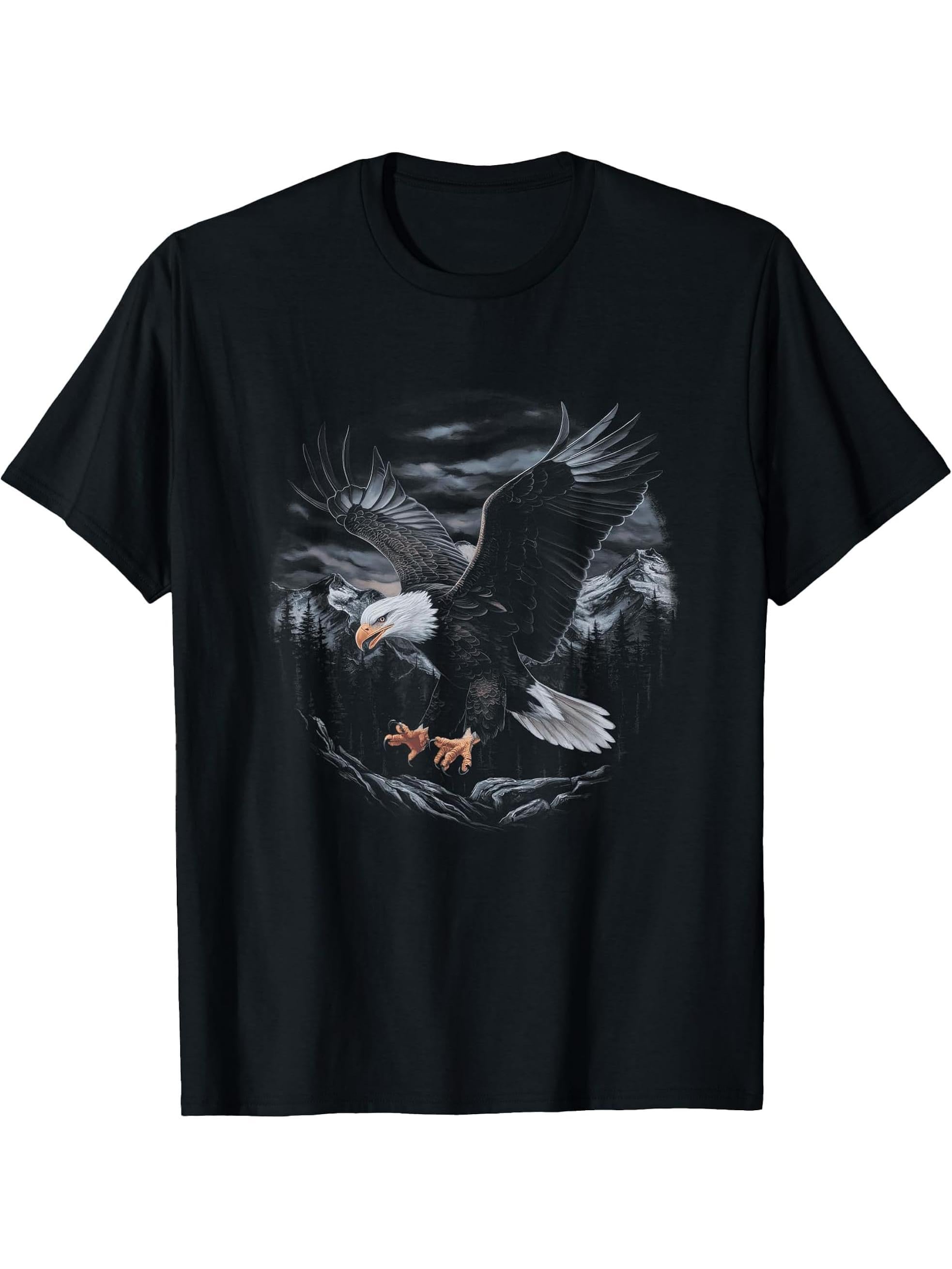 Bald Eagle Flying Across Mountains Forest American T-Shirt 180G 100% Cotton Printed Round Neck Short-Sleeve T-Shirt, Gifts for Men Dad Husband Grandpa, S-XXXL, Black