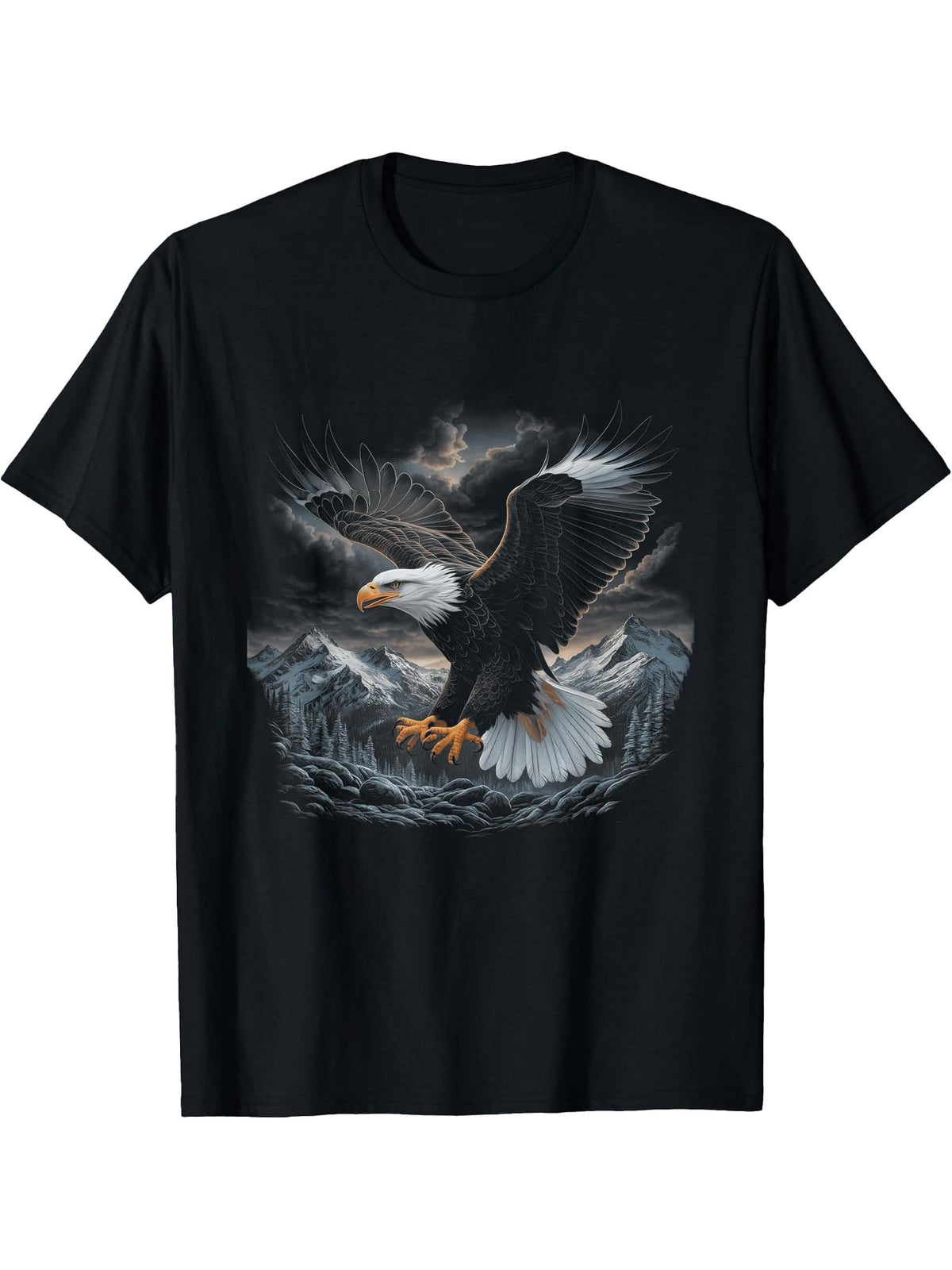 Bald Eagle Flying Across Mountains Forest American T-Shirt 180G 100% Cotton Printed Round Neck Short-Sleeve T-Shirt, Gifts for Men Dad Husband Grandpa, S-XXXL, Black