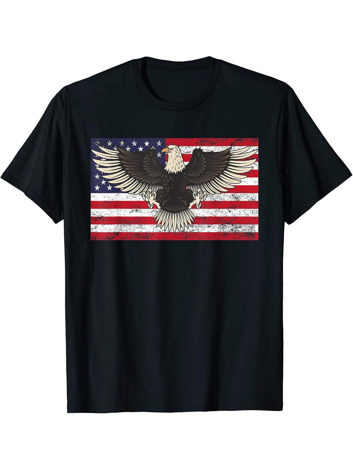 Happy 4th Of July USA Flag Bald Eagle Patriotic Eagle T-Shirt 180G 100% Cotton Printed Round Neck Short-Sleeve T-Shirt, Gifts for Men Dad Husband Grandpa, S-XXXL, Black