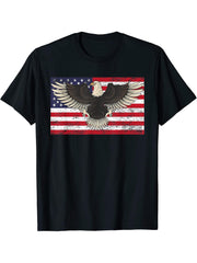 Happy 4th Of July USA Flag Bald Eagle Patriotic Eagle T-Shirt 180G 100% Cotton Printed Round Neck Short-Sleeve T-Shirt, Gifts for Men Dad Husband Grandpa, S-XXXL, Black