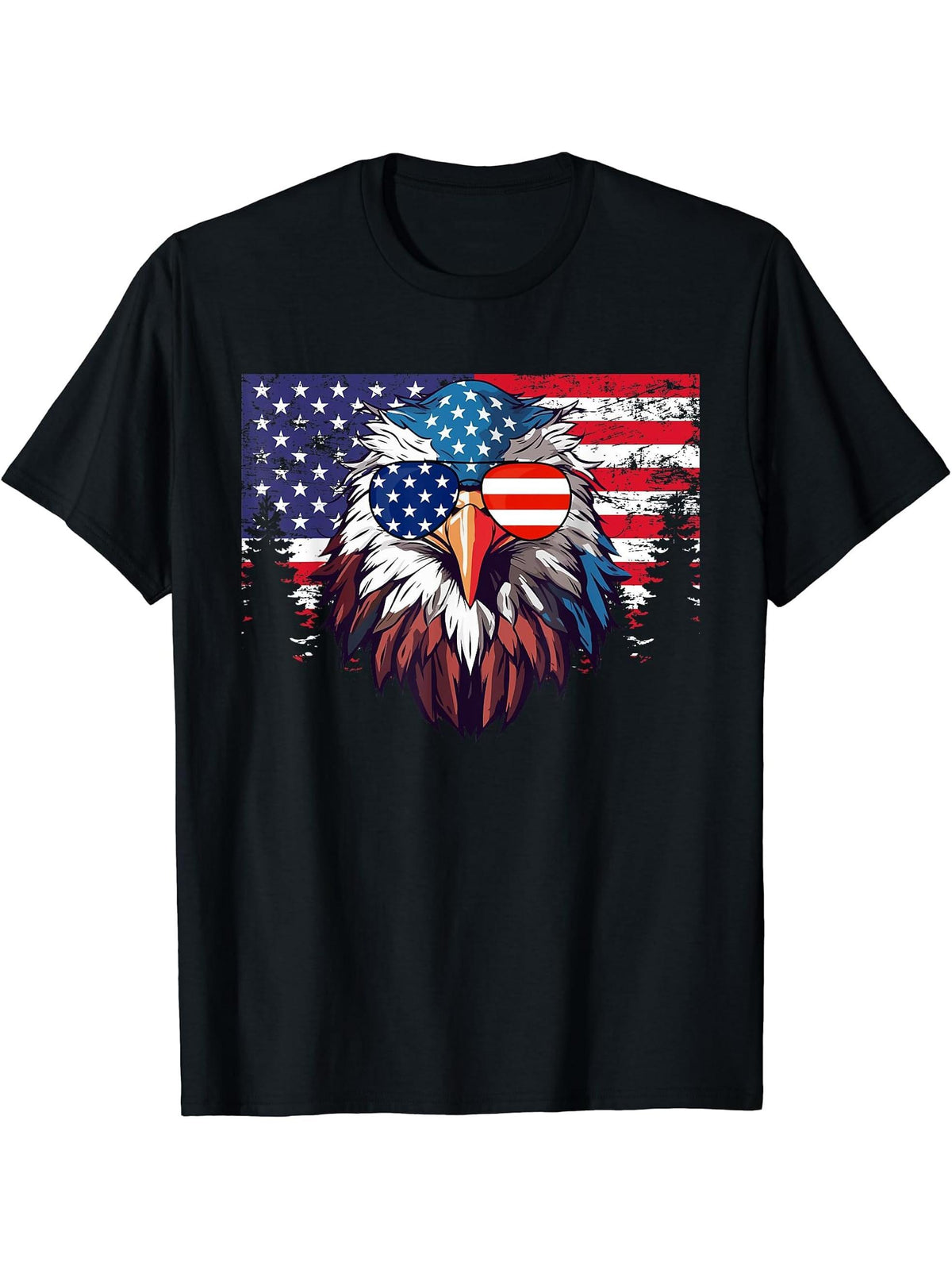 Bald Eagle American USA Flag Eagle Patriotic 4th of July T-Shirt 180G 100% Cotton Printed Round Neck Short-Sleeve T-Shirt, Gifts for Men Dad Husband Grandpa, S-XXXL, Black