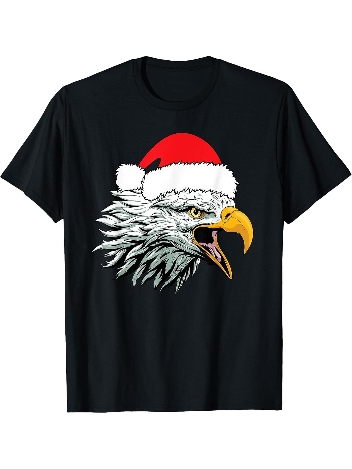 American Patriotic Christmas Santa Hat Bald Eagle Lover Xmas T-Shirt 180G 100% Cotton Printed Round Neck Short-Sleeve T-Shirt, Gifts for Men Dad Husband Grandpa, S-XXXL, Black