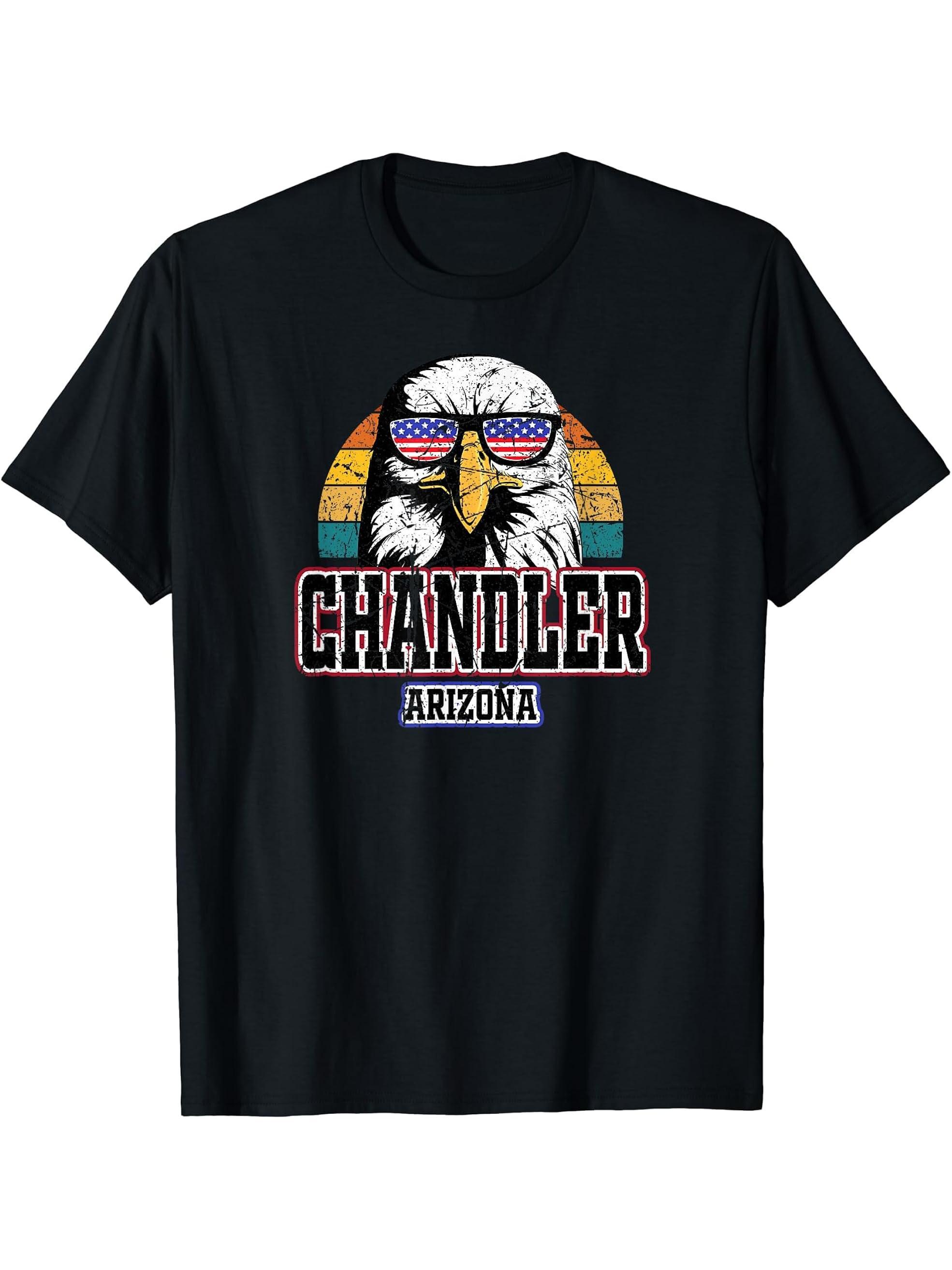 Chandler Arizona Bald Eagle USA America 4th of July Grunge T-Shirt 180G 100% Cotton Printed Round Neck Short-Sleeve T-Shirt, Gifts for Men Dad Husband Grandpa, S-XXXL, Black