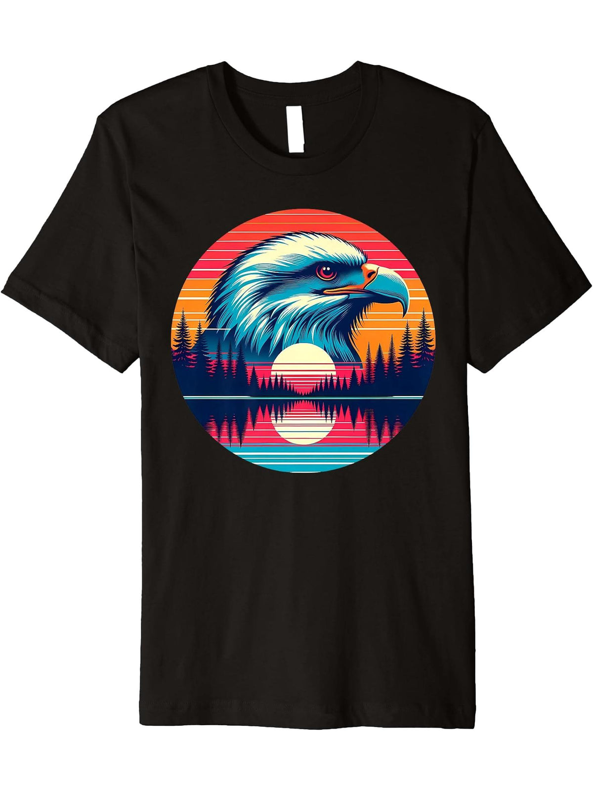 Bald Eagle Bird Sunset Retro Style Safari Vintage 70s Premium T-Shirt 180G 100% Cotton Printed Round Neck Short-Sleeve T-Shirt, Gifts for Men Dad Husband Grandpa, S-XXXL, Black