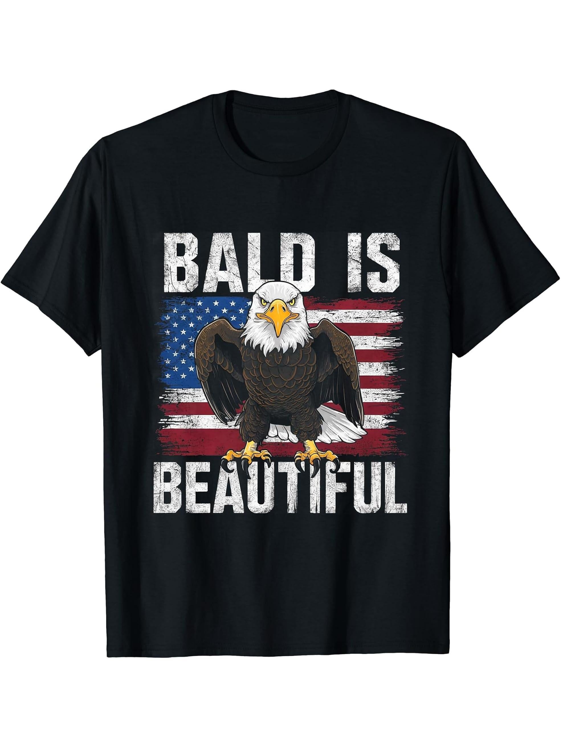 Bald Is Beautiful 4th of July Bald Eagle Independence Day T-Shirt 180G 100% Cotton Printed Round Neck Short-Sleeve T-Shirt, Gifts for Men Dad Husband Grandpa, S-XXXL, Black