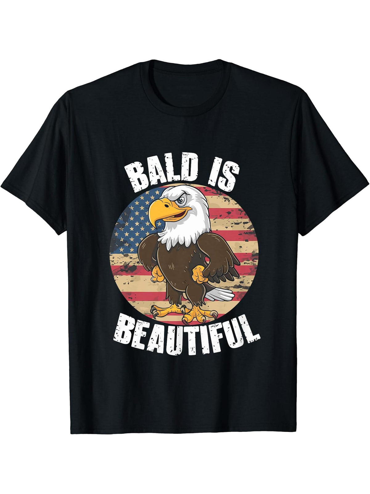 Bald Is Beautiful 4th of July Bald Eagle Independence Day T-Shirt 180G 100% Cotton Printed Round Neck Short-Sleeve T-Shirt, Gifts for Men Dad Husband Grandpa, S-XXXL, Black