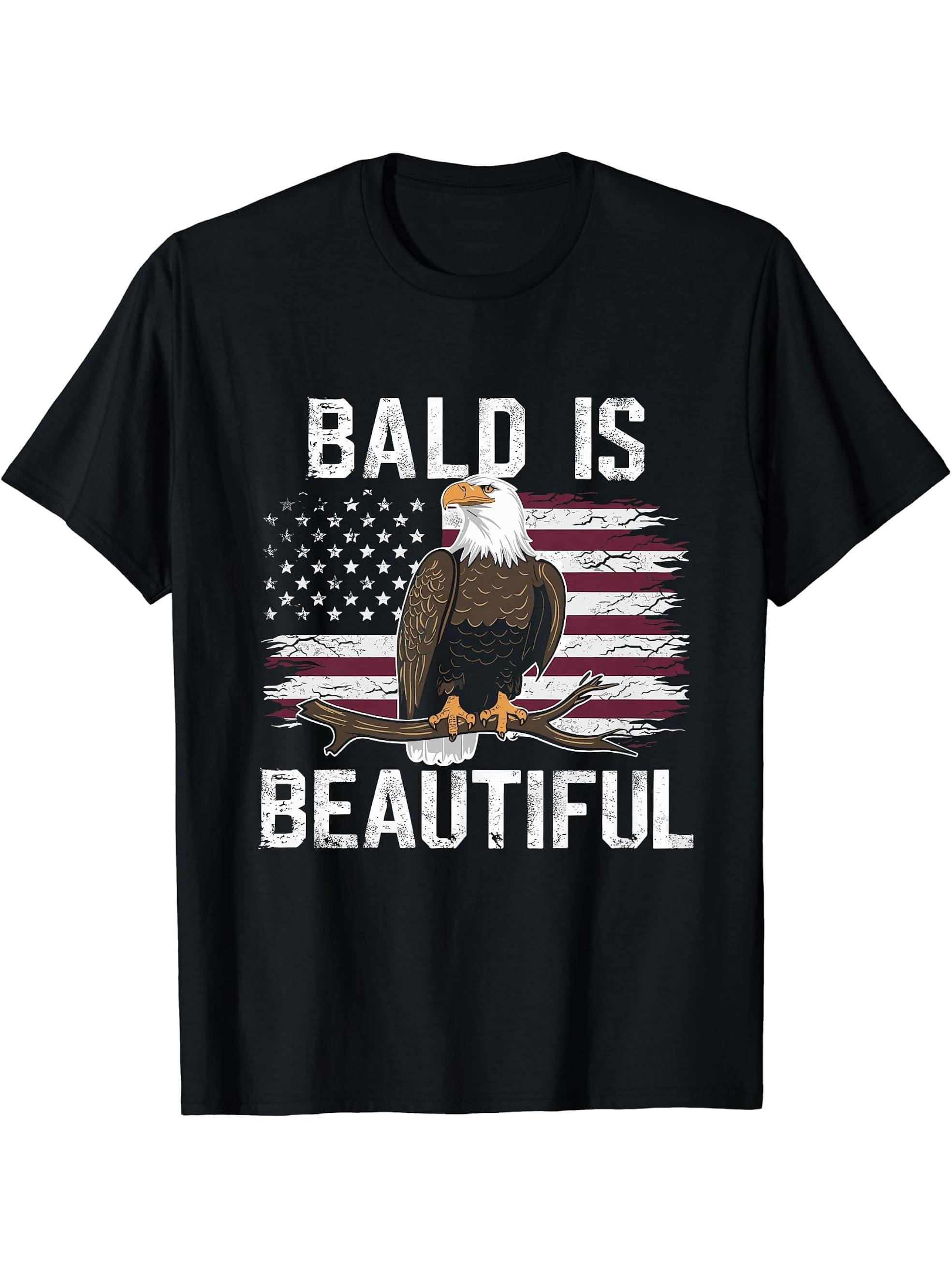 Bald Is Beautiful 4th of July Bald Eagle Independence Day T-Shirt 180G 100% Cotton Printed Round Neck Short-Sleeve T-Shirt, Gifts for Men Dad Husband Grandpa, S-XXXL, Black