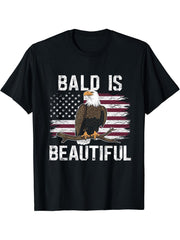 Bald Is Beautiful 4th of July Bald Eagle Independence Day T-Shirt 180G 100% Cotton Printed Round Neck Short-Sleeve T-Shirt, Gifts for Men Dad Husband Grandpa, S-XXXL, Black