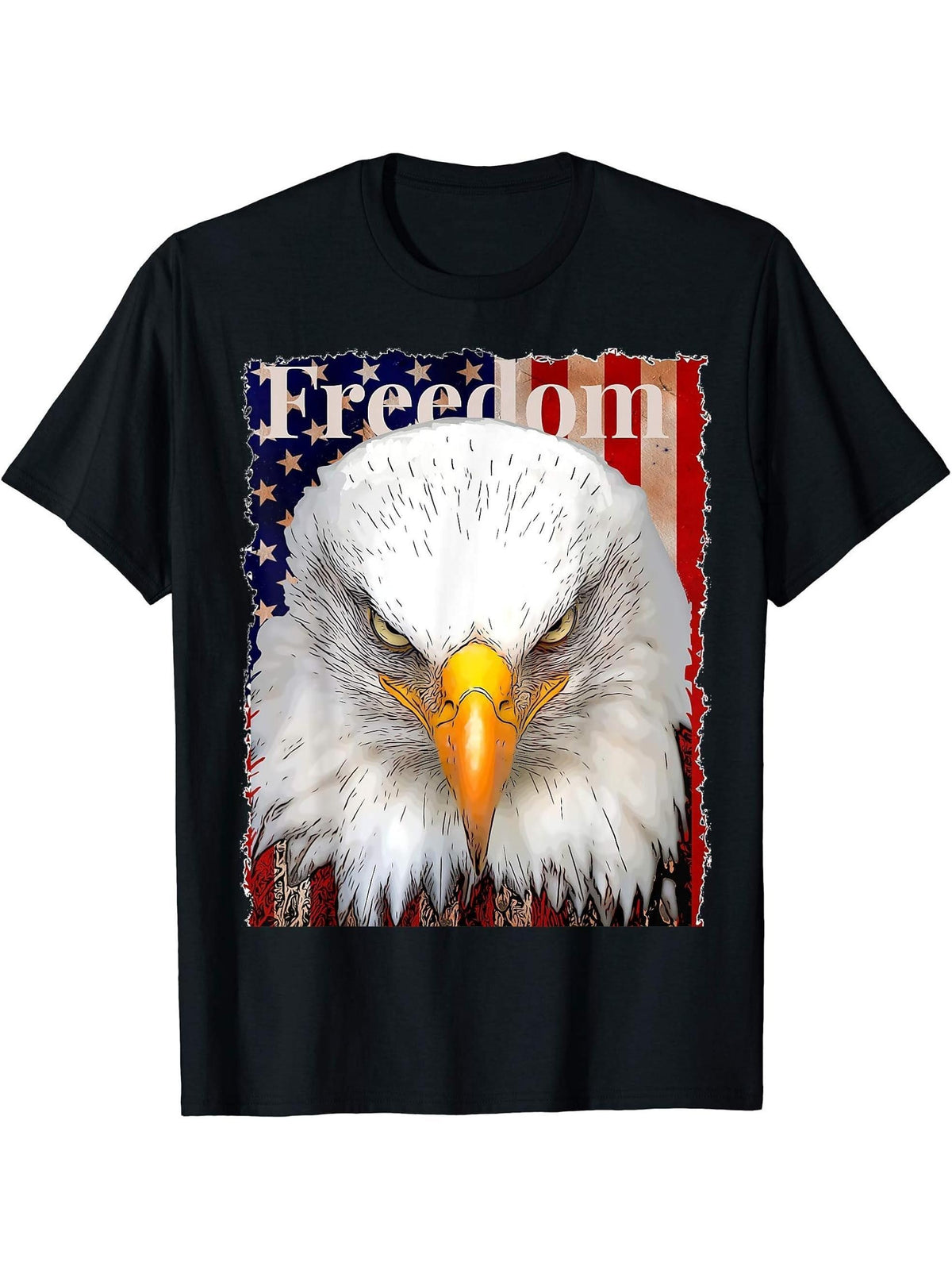 Eagle US Flag Freedom Patriotic Symbol Custom Design Eagle T-Shirt 180G 100% Cotton Printed Round Neck Short-Sleeve T-Shirt, Gifts for Men Dad Husband Grandpa, S-XXXL, Black