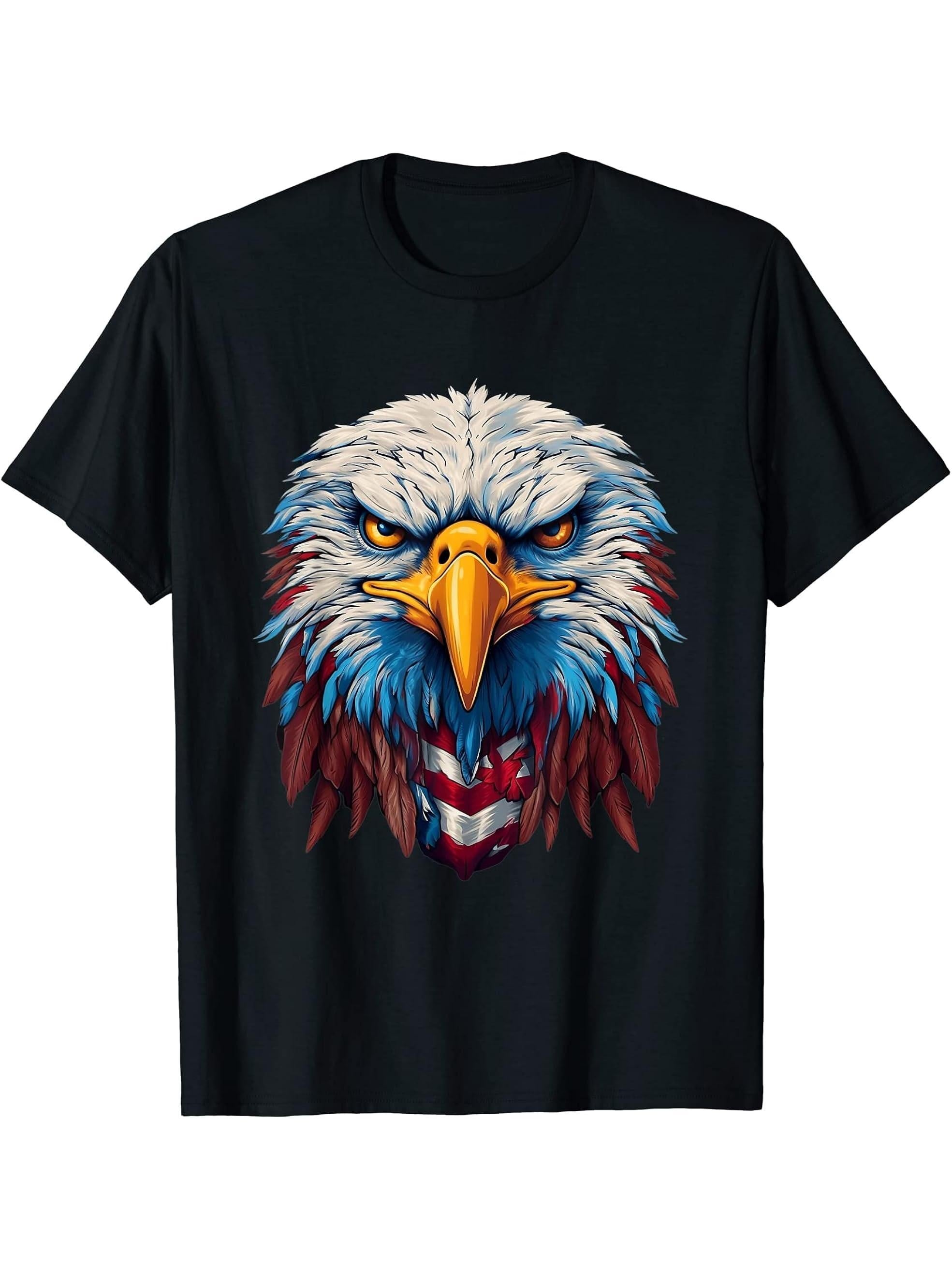 American Flag Patriotic Bald Eagle 4th Of July Men USA T-Shirt 180G 100% Cotton Printed Round Neck Short-Sleeve T-Shirt, Gifts for Men Dad Husband Grandpa, S-XXXL, Black