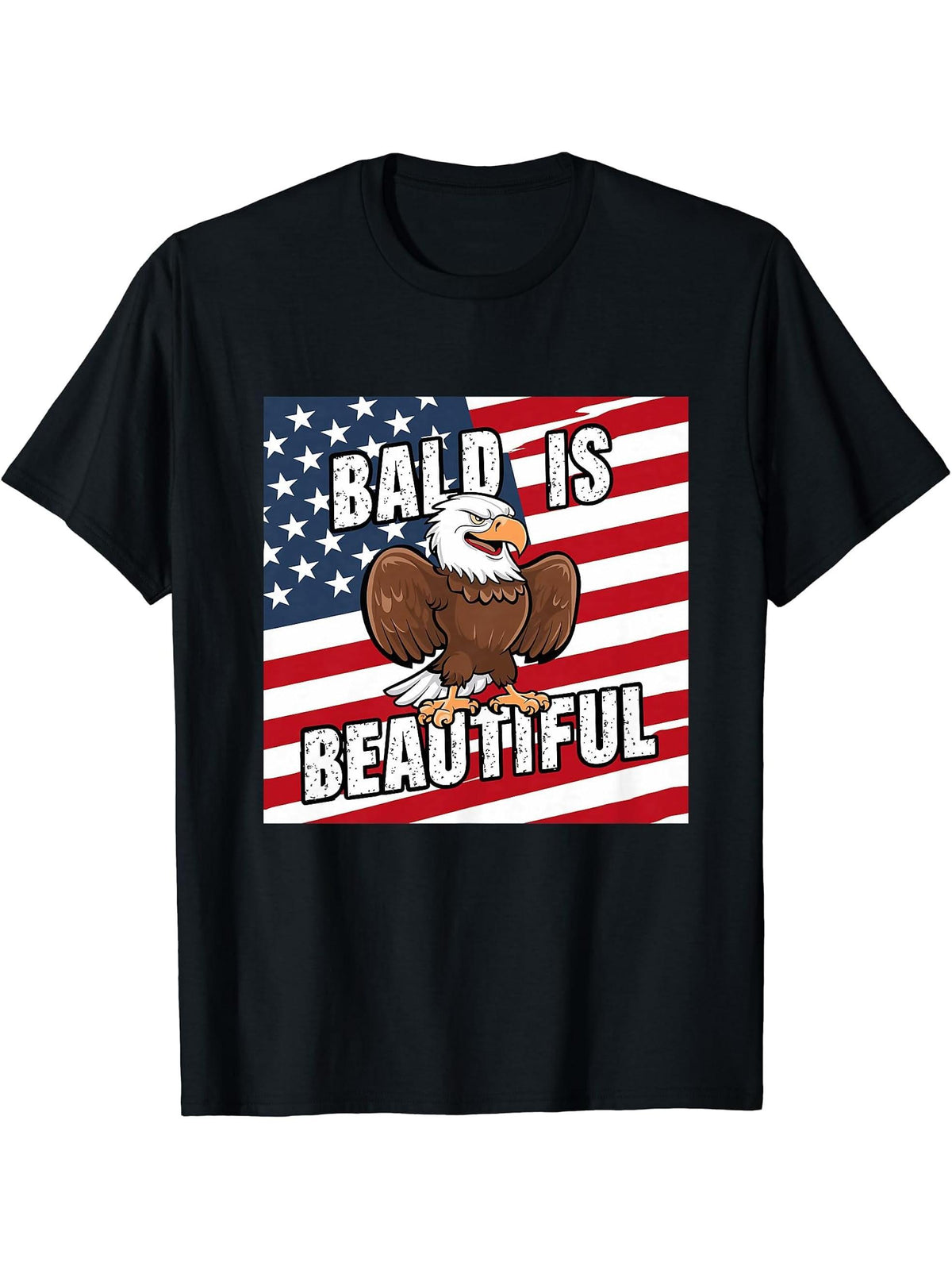Bald Is Beautiful 4th of July Bald Eagle Independence Day T-Shirt 180G 100% Cotton Printed Round Neck Short-Sleeve T-Shirt, Gifts for Men Dad Husband Grandpa, S-XXXL, Black