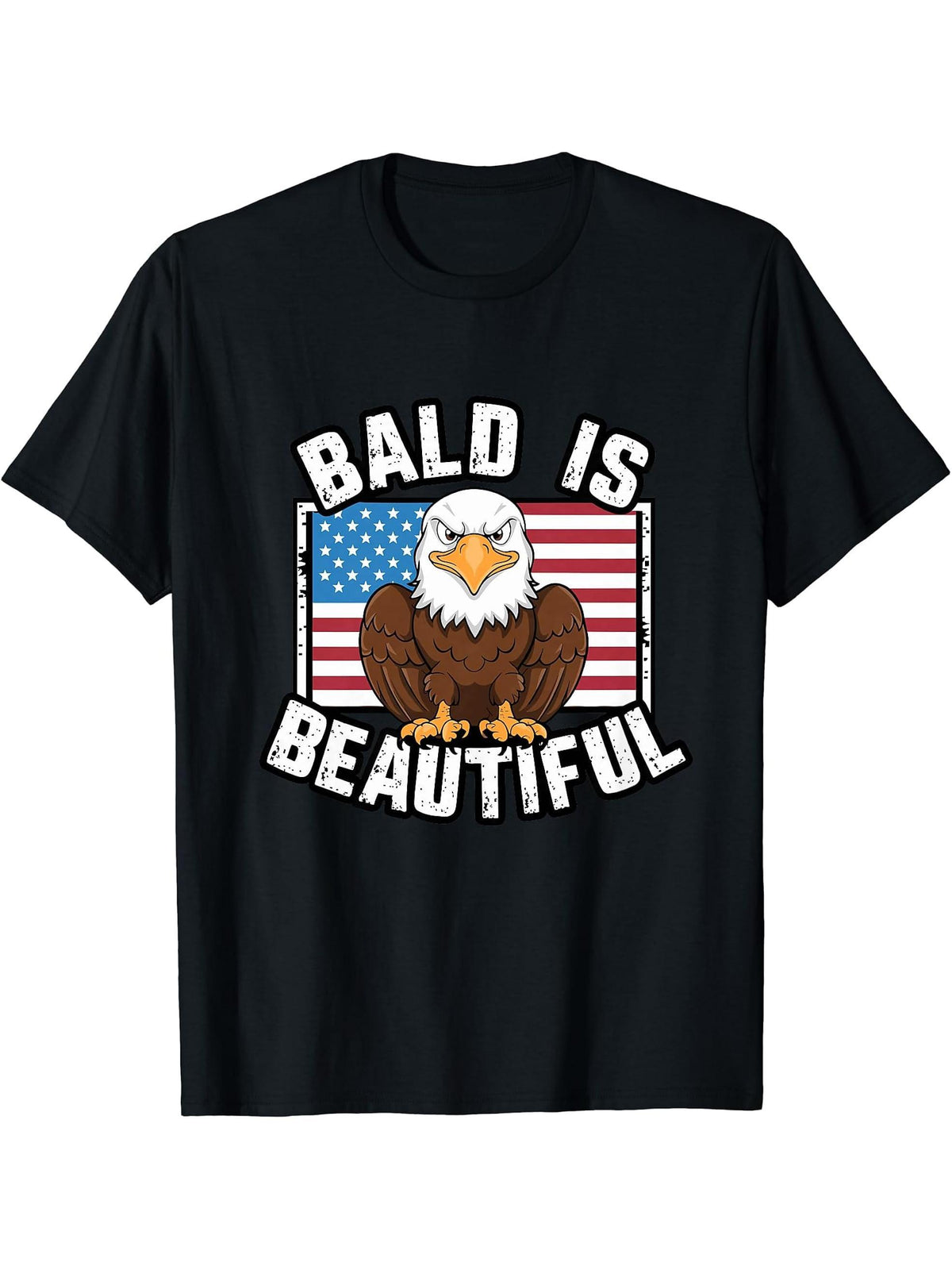 Bald Is Beautiful 4th of July Bald Eagle Independence Day T-Shirt 180G 100% Cotton Printed Round Neck Short-Sleeve T-Shirt, Gifts for Men Dad Husband Grandpa, S-XXXL, Black