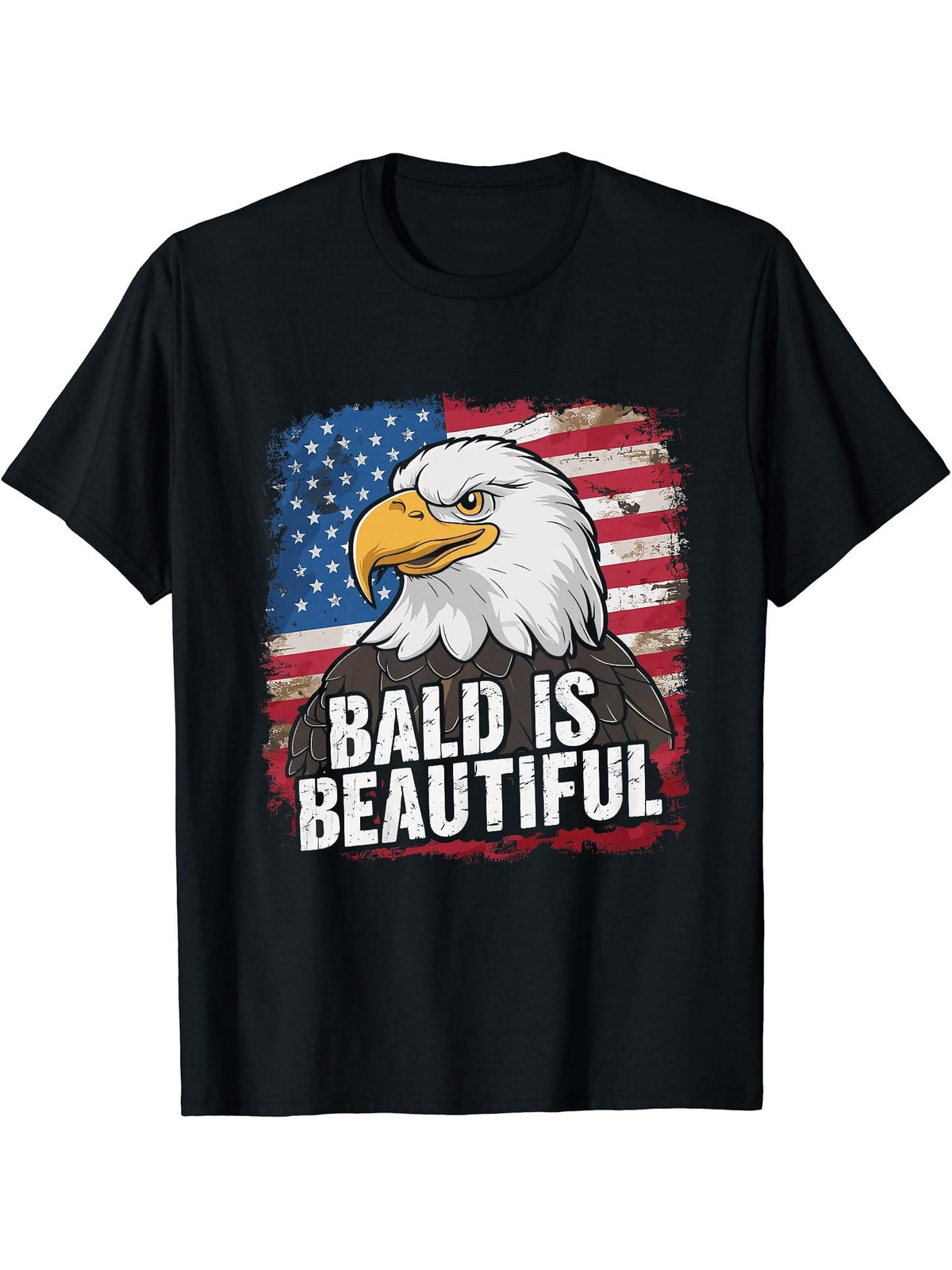 Bald Is Beautiful 4th of July Bald Eagle Independence Day T-Shirt 180G 100% Cotton Printed Round Neck Short-Sleeve T-Shirt, Gifts for Men Dad Husband Grandpa, S-XXXL, Black