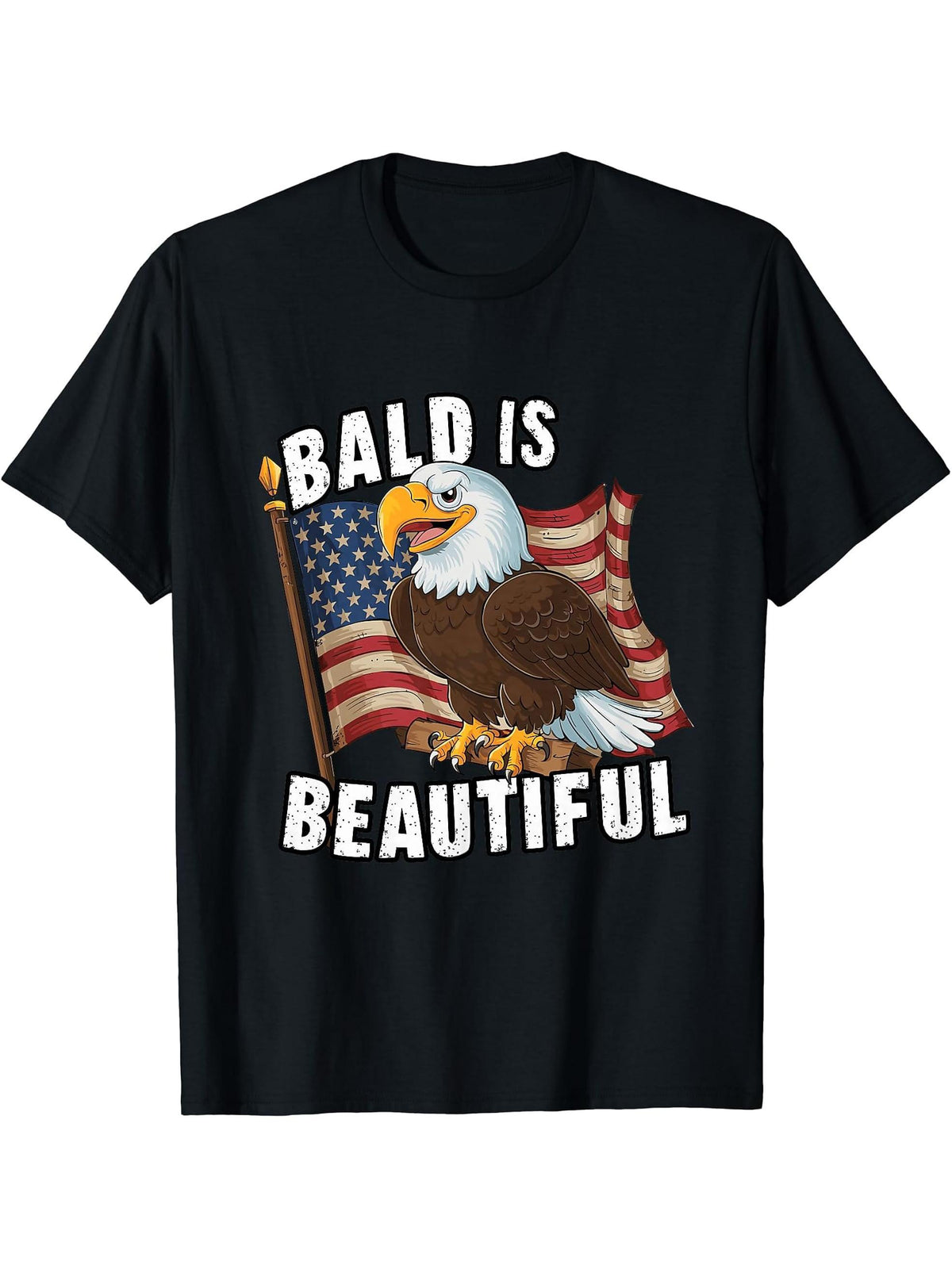 Bald Is Beautiful 4th of July Bald Eagle Independence Day T-Shirt 180G 100% Cotton Printed Round Neck Short-Sleeve T-Shirt, Gifts for Men Dad Husband Grandpa, S-XXXL, Black