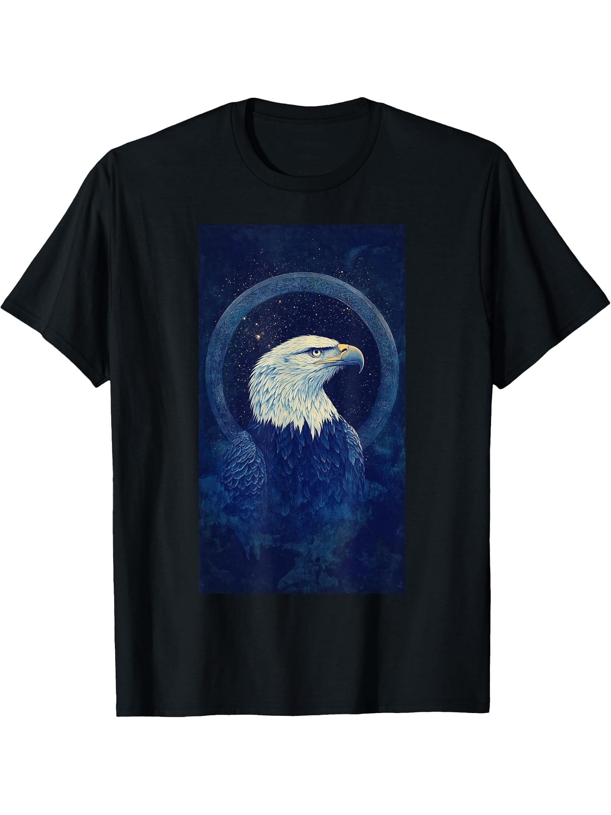 Bald Eagle Ring Wildlife art Nature lover Bird T-Shirt 180G 100% Cotton Printed Round Neck Short-Sleeve T-Shirt, Gifts for Men Dad Husband Grandpa, S-XXXL, Black