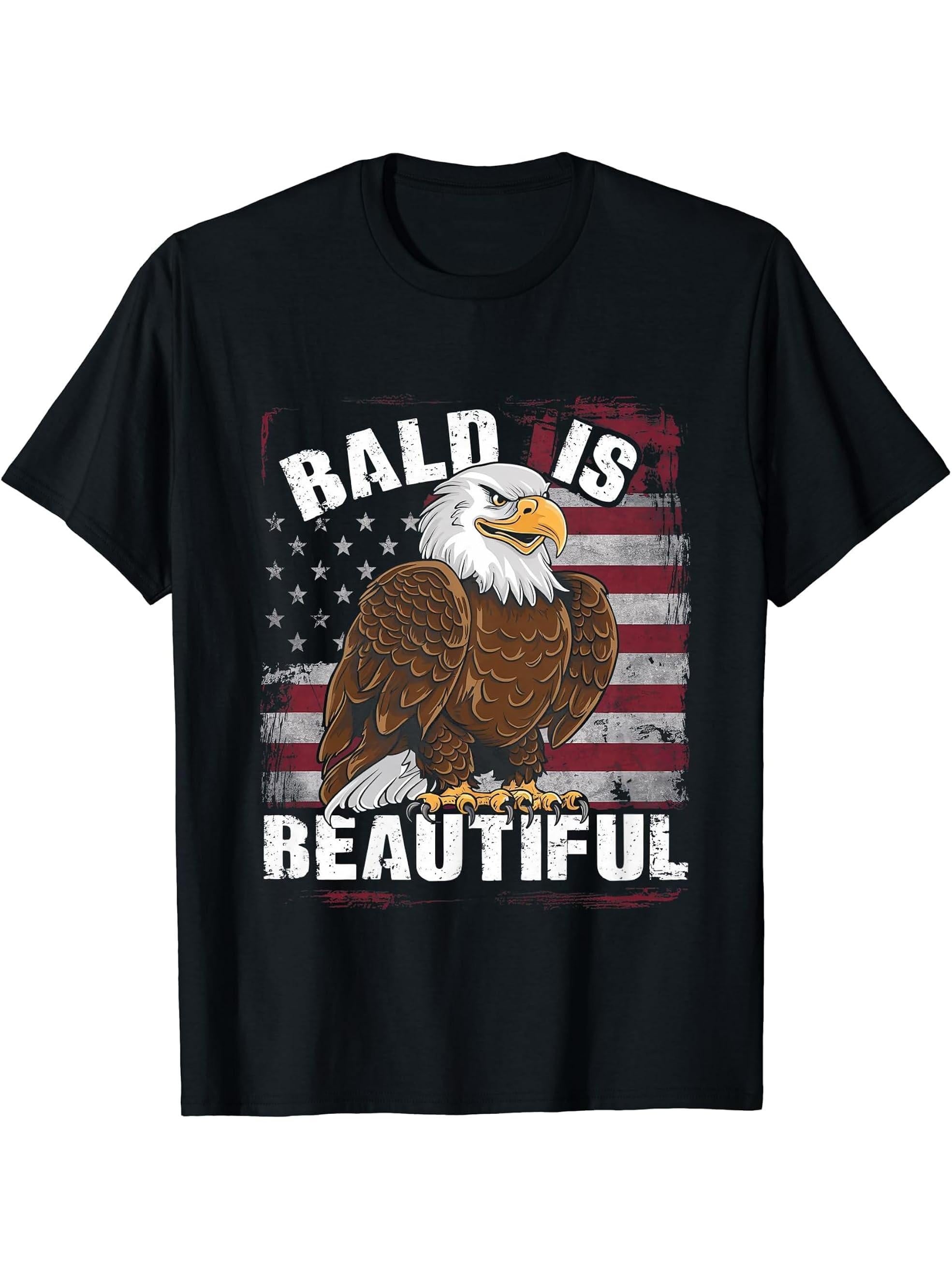 Bald Is Beautiful 4th of July Bald Eagle Independence Day T-Shirt 180G 100% Cotton Printed Round Neck Short-Sleeve T-Shirt, Gifts for Men Dad Husband Grandpa, S-XXXL, Black