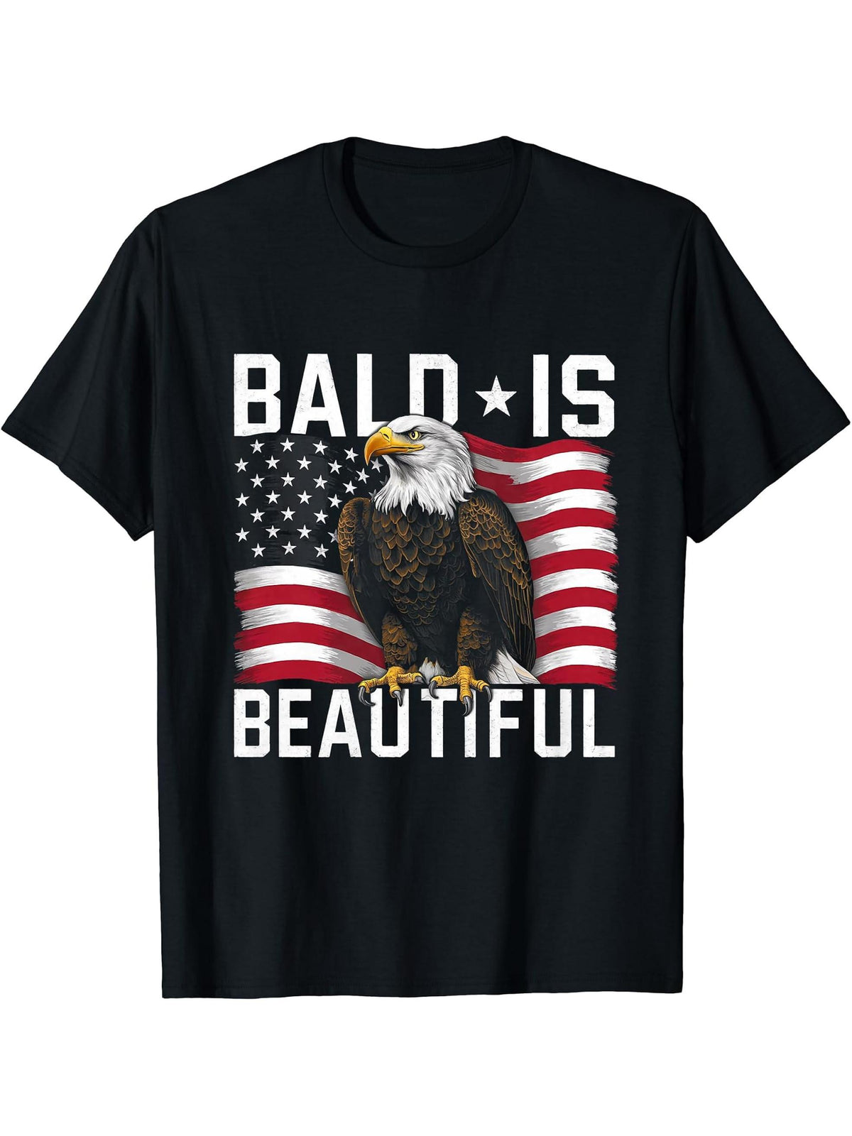Bald Is Beautiful 4th of July Bald Eagle Independence Day T-Shirt 180G 100% Cotton Printed Round Neck Short-Sleeve T-Shirt, Gifts for Men Dad Husband Grandpa, S-XXXL, Black