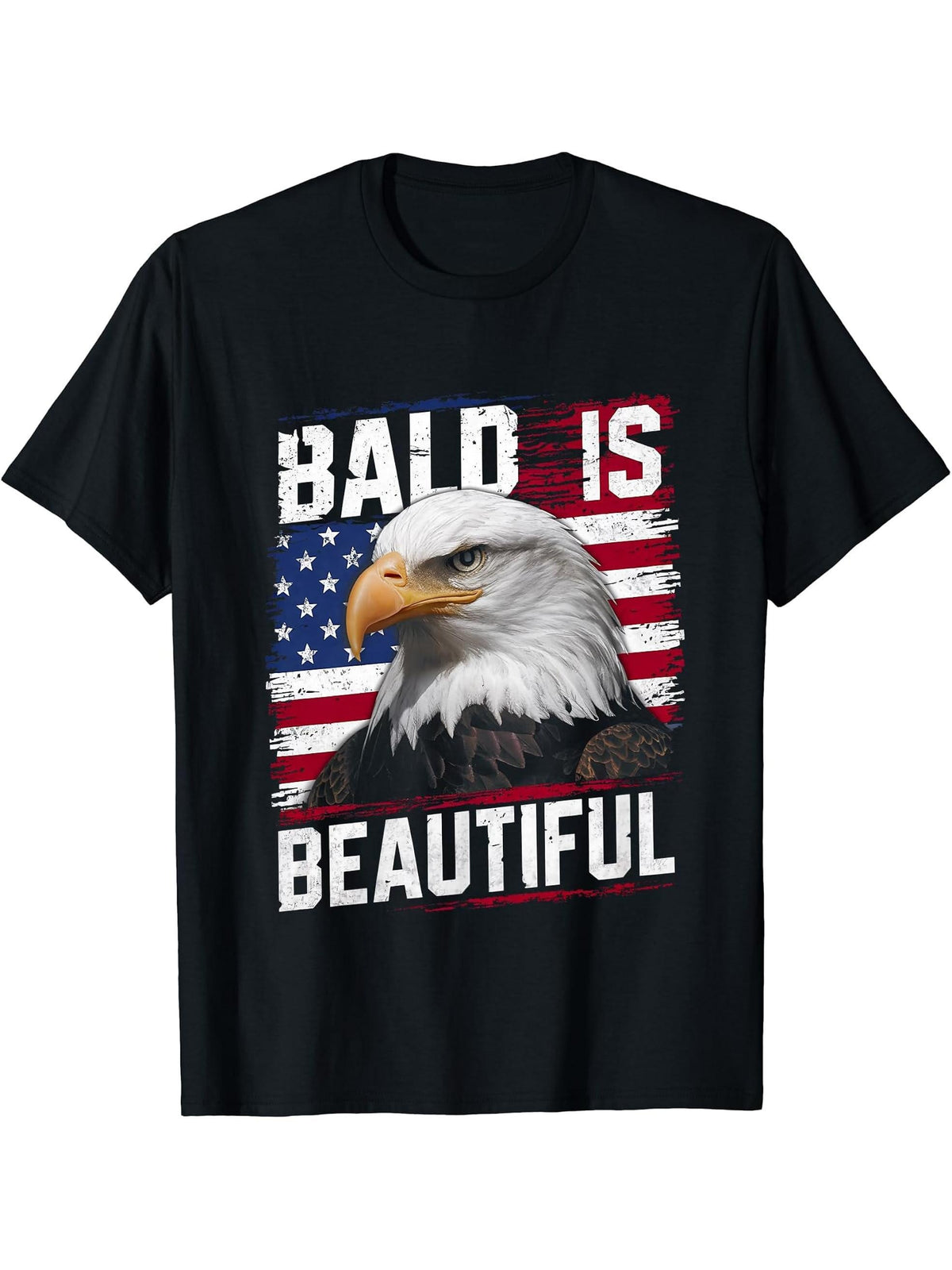 Bald Is Beautiful 4th of July Bald Eagle Independence Day T-Shirt 180G 100% Cotton Printed Round Neck Short-Sleeve T-Shirt, Gifts for Men Dad Husband Grandpa, S-XXXL, Black