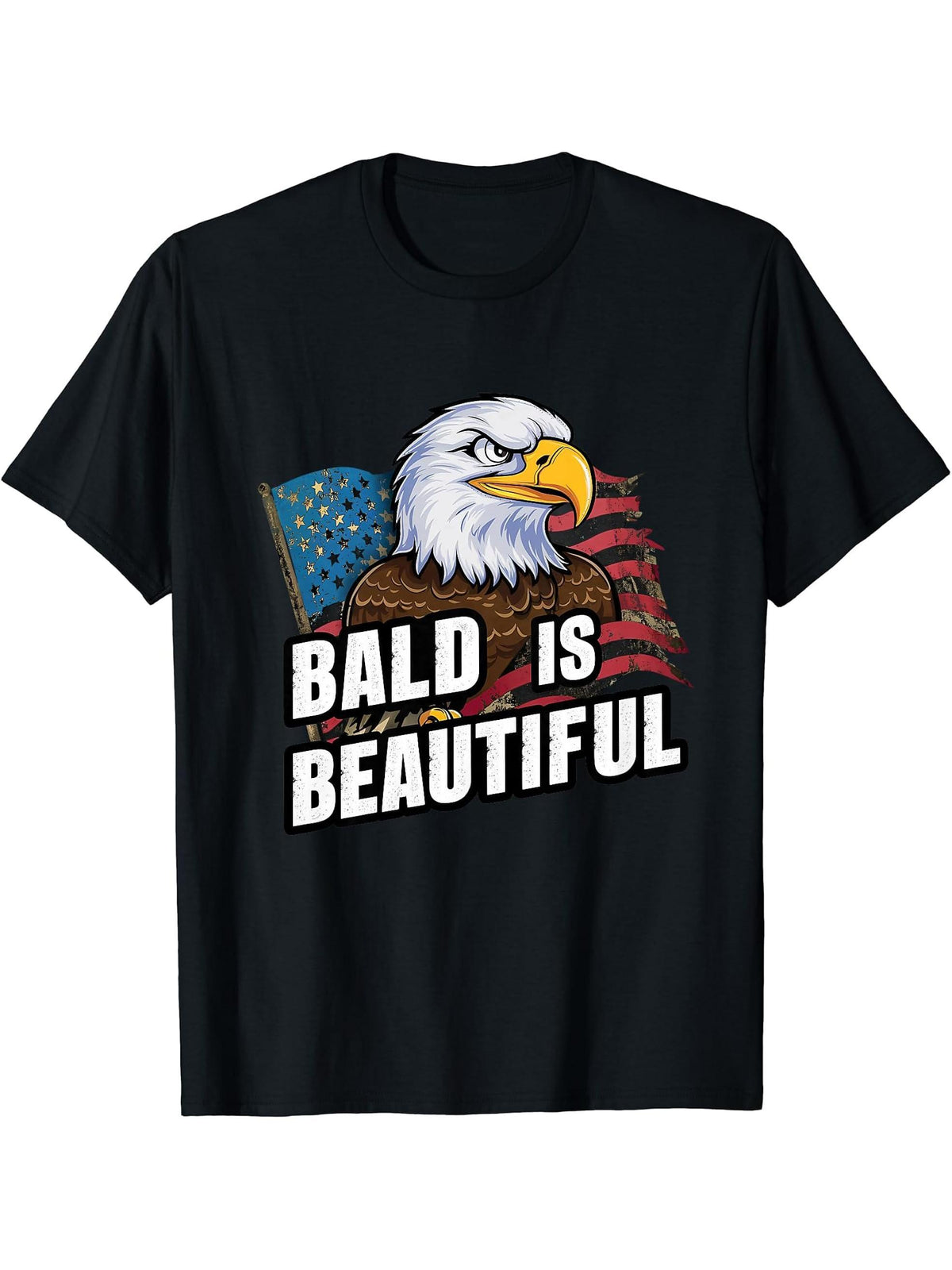 Bald Is Beautiful 4th of July Bald Eagle Independence Day T-Shirt 180G 100% Cotton Printed Round Neck Short-Sleeve T-Shirt, Gifts for Men Dad Husband Grandpa, S-XXXL, Black