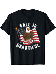Bald Is Beautiful 4th of July Bald Eagle Independence Day T-Shirt 180G 100% Cotton Printed Round Neck Short-Sleeve T-Shirt, Gifts for Men Dad Husband Grandpa, S-XXXL, Black