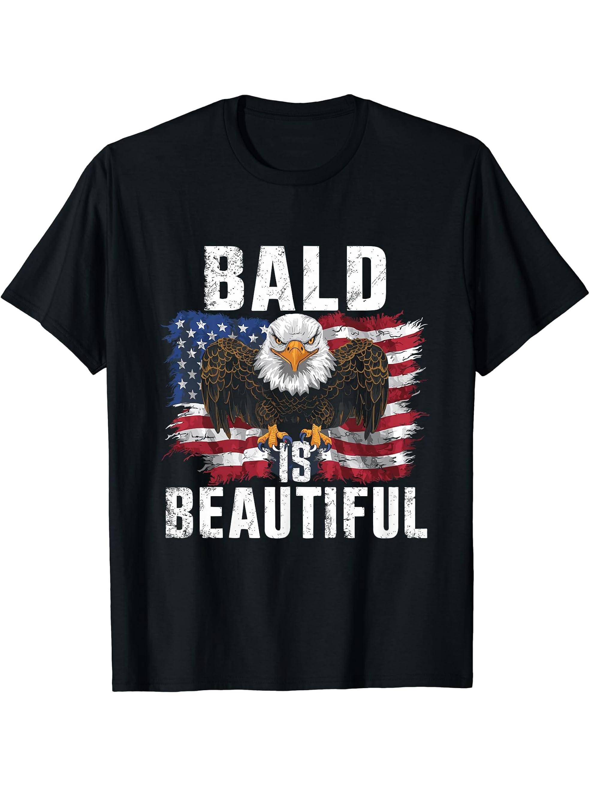 Bald Is Beautiful 4th of July Bald Eagle Independence Day T-Shirt 180G 100% Cotton Printed Round Neck Short-Sleeve T-Shirt, Gifts for Men Dad Husband Grandpa, S-XXXL, Black