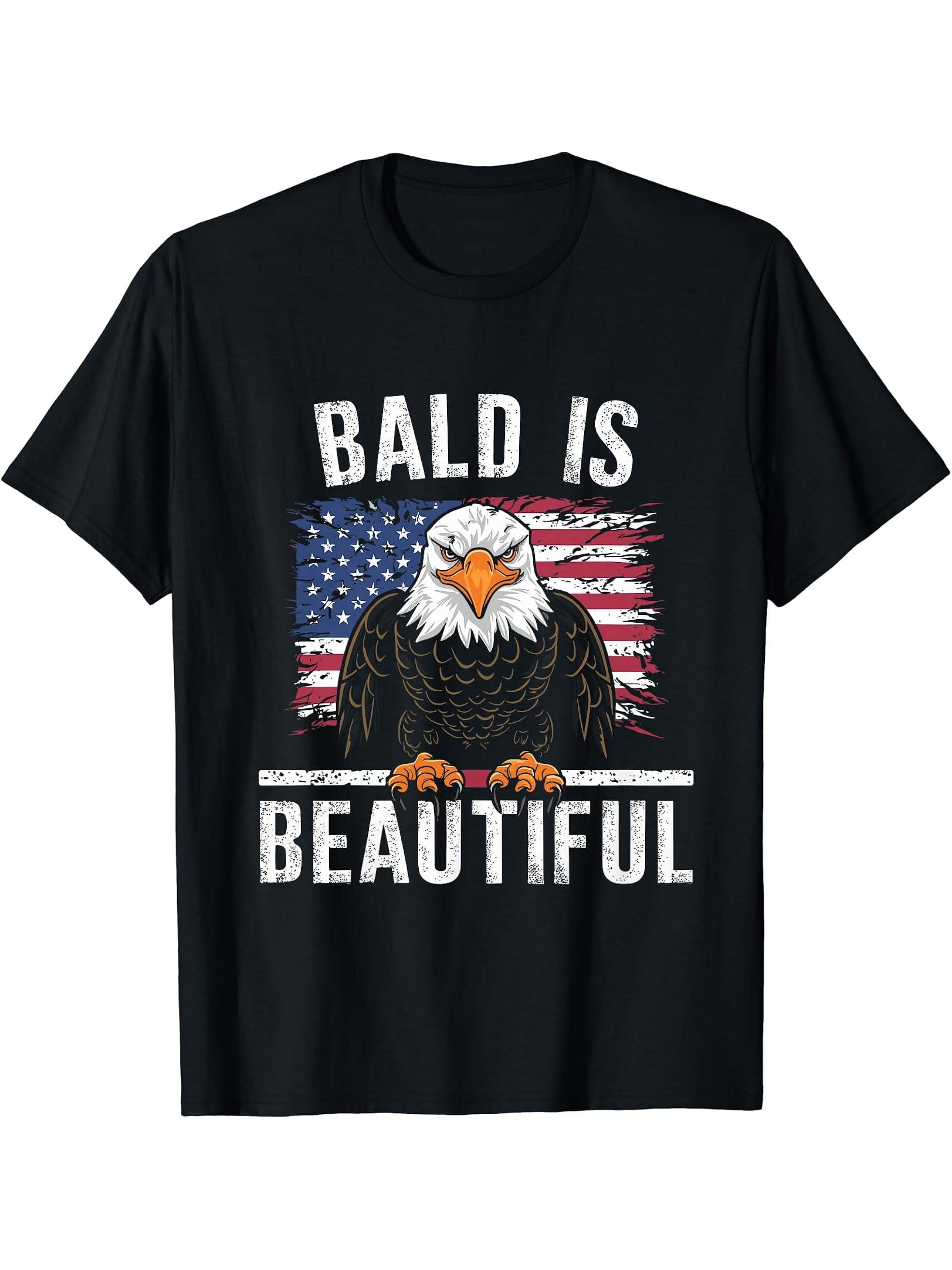 Bald Is Beautiful 4th of July Bald Eagle Independence Day T-Shirt 180G 100% Cotton Printed Round Neck Short-Sleeve T-Shirt, Gifts for Men Dad Husband Grandpa, S-XXXL, Black
