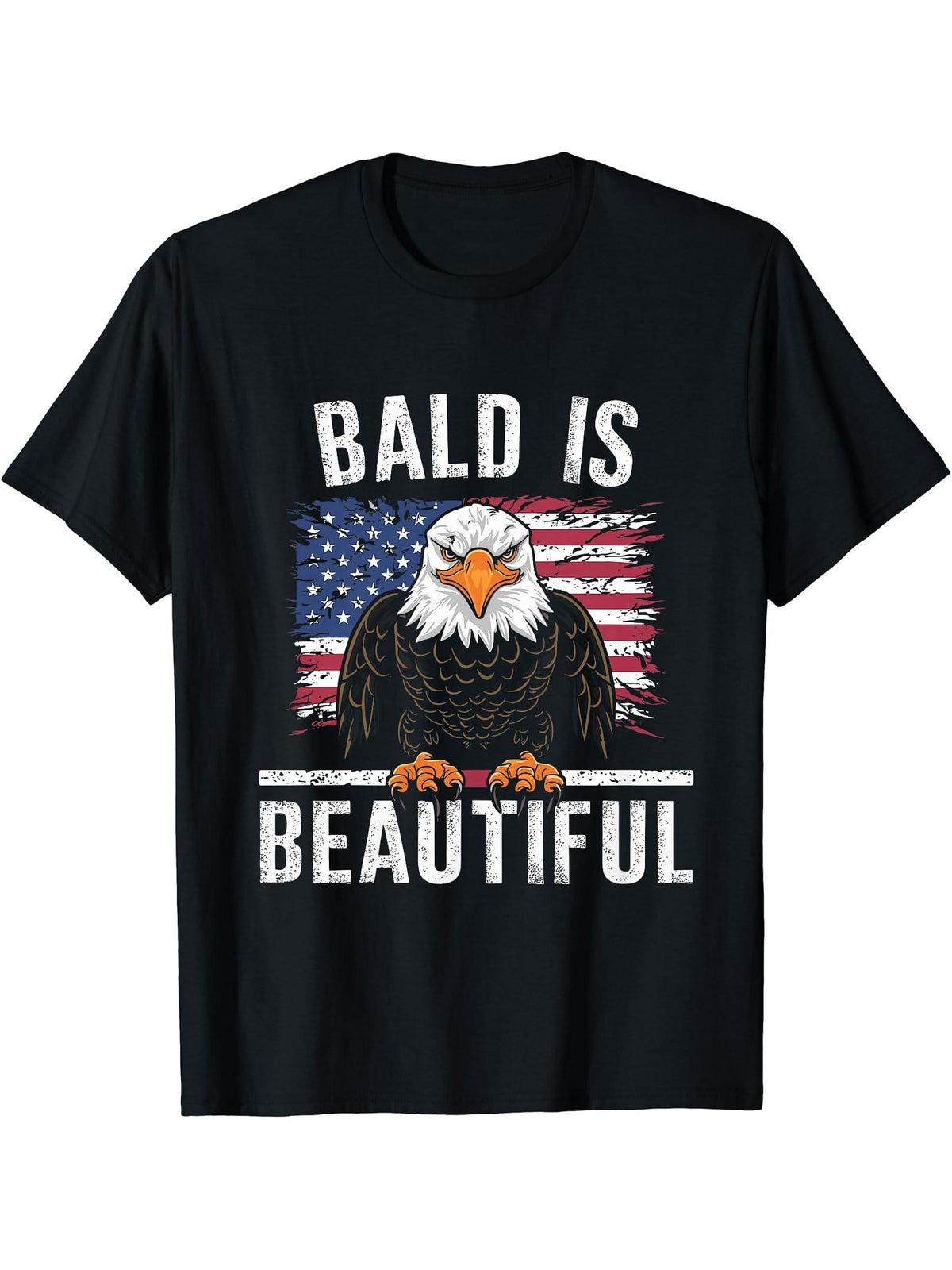 Bald Is Beautiful 4th of July Bald Eagle Independence Day T-Shirt 180G 100% Cotton Printed Round Neck Short-Sleeve T-Shirt, Gifts for Men Dad Husband Grandpa, S-XXXL, Black