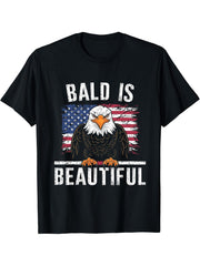 Bald Is Beautiful 4th of July Bald Eagle Independence Day T-Shirt 180G 100% Cotton Printed Round Neck Short-Sleeve T-Shirt, Gifts for Men Dad Husband Grandpa, S-XXXL, Black