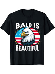 Bald Is Beautiful 4th of July Bald Eagle Independence Day T-Shirt 180G 100% Cotton Printed Round Neck Short-Sleeve T-Shirt, Gifts for Men Dad Husband Grandpa, S-XXXL, Black