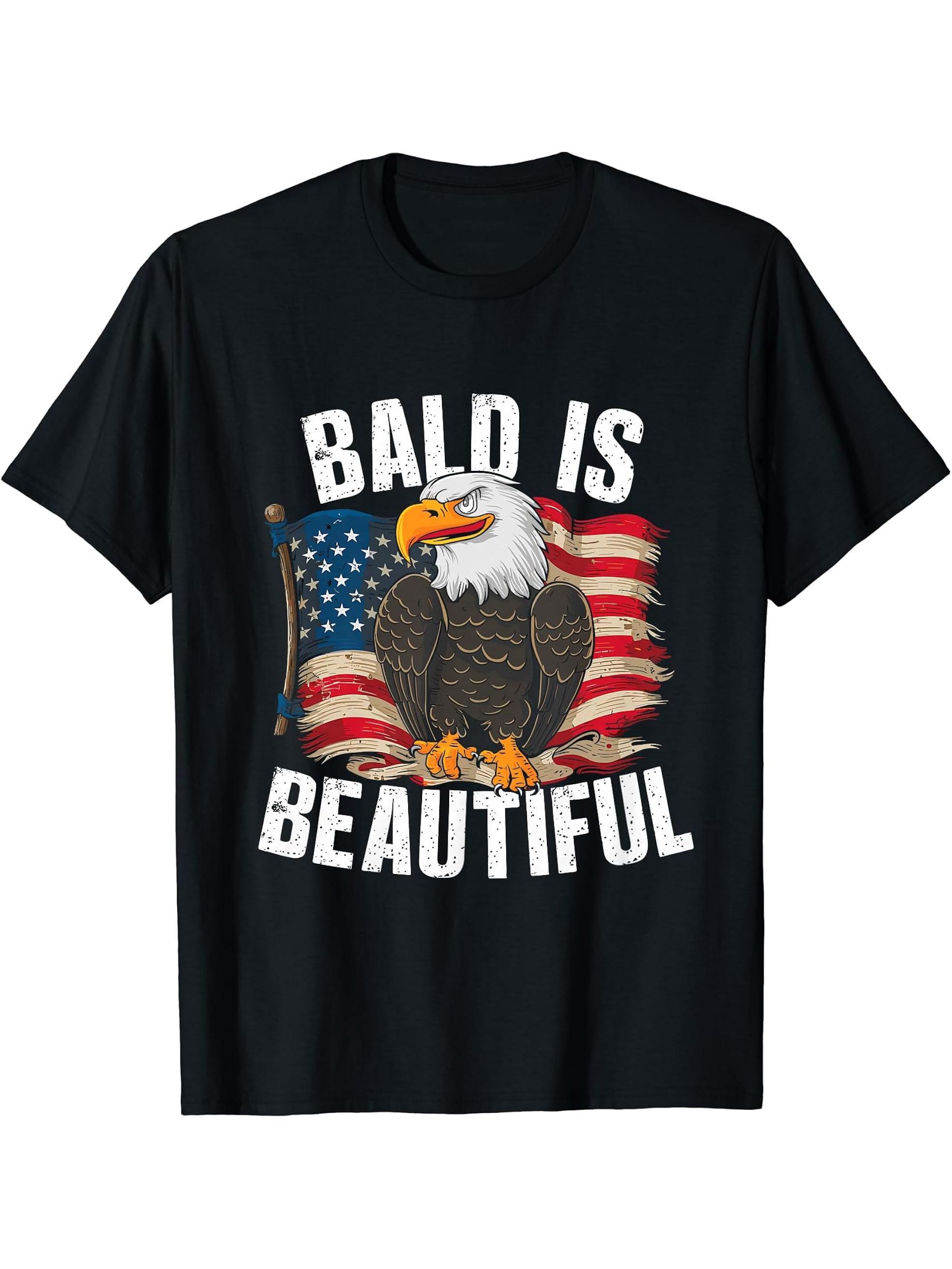 Bald Is Beautiful 4th of July Bald Eagle Independence Day T-Shirt 180G 100% Cotton Printed Round Neck Short-Sleeve T-Shirt, Gifts for Men Dad Husband Grandpa, S-XXXL, Black