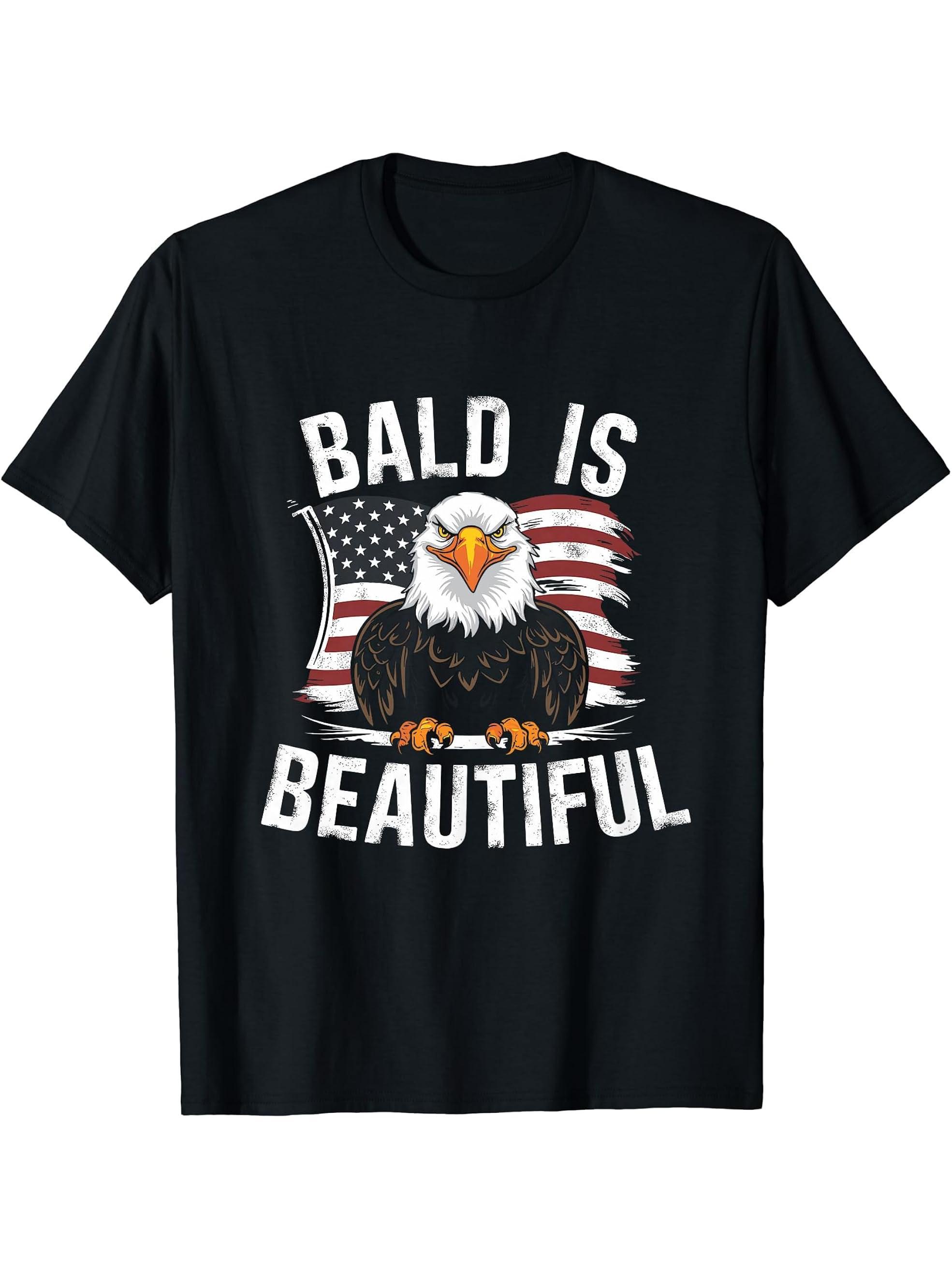 Bald Is Beautiful 4th of July Bald Eagle Independence Day T-Shirt 180G 100% Cotton Printed Round Neck Short-Sleeve T-Shirt, Gifts for Men Dad Husband Grandpa, S-XXXL, Black