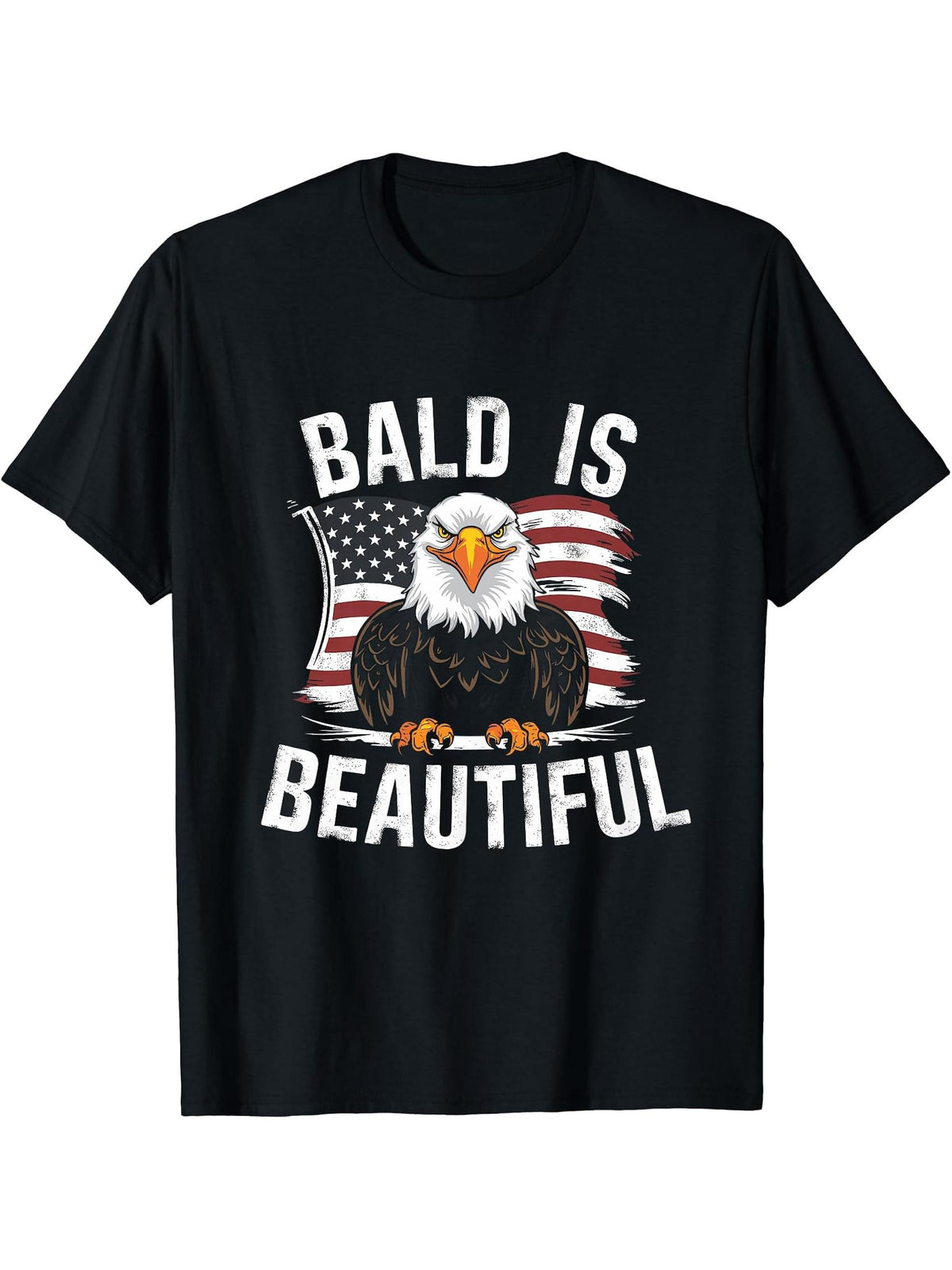 Bald Is Beautiful 4th of July Bald Eagle Independence Day T-Shirt 180G 100% Cotton Printed Round Neck Short-Sleeve T-Shirt, Gifts for Men Dad Husband Grandpa, S-XXXL, Black