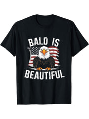 Bald Is Beautiful 4th of July Bald Eagle Independence Day T-Shirt 180G 100% Cotton Printed Round Neck Short-Sleeve T-Shirt, Gifts for Men Dad Husband Grandpa, S-XXXL, Black