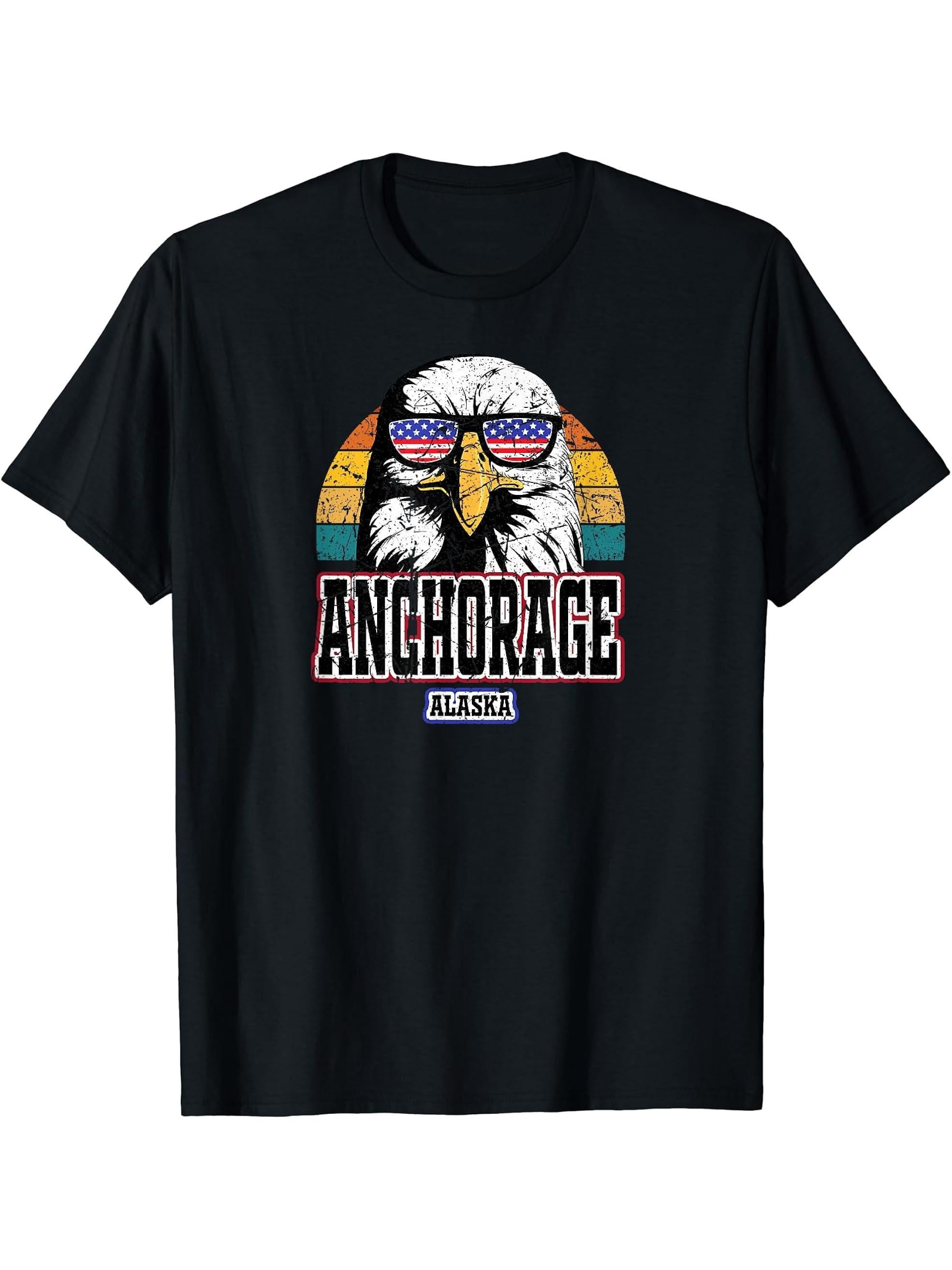 Anchorage USA Alaska America Flag Men Women Retro Bald Eagle T-Shirt 180G 100% Cotton Printed Round Neck Short-Sleeve T-Shirt, Gifts for Men Dad Husband Grandpa, S-XXXL, Black