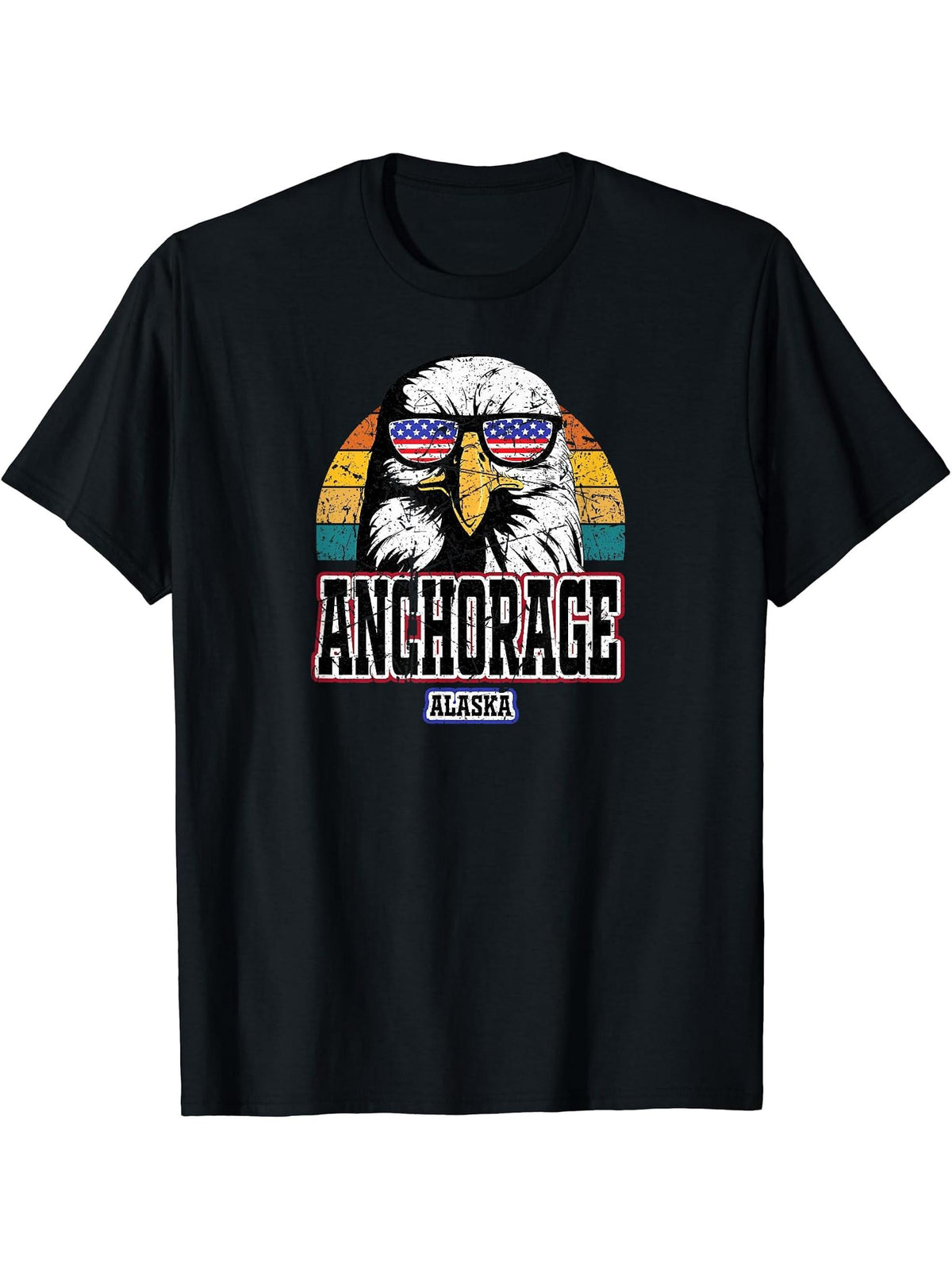 Anchorage USA Alaska America Flag Men Women Retro Bald Eagle T-Shirt 180G 100% Cotton Printed Round Neck Short-Sleeve T-Shirt, Gifts for Men Dad Husband Grandpa, S-XXXL, Black