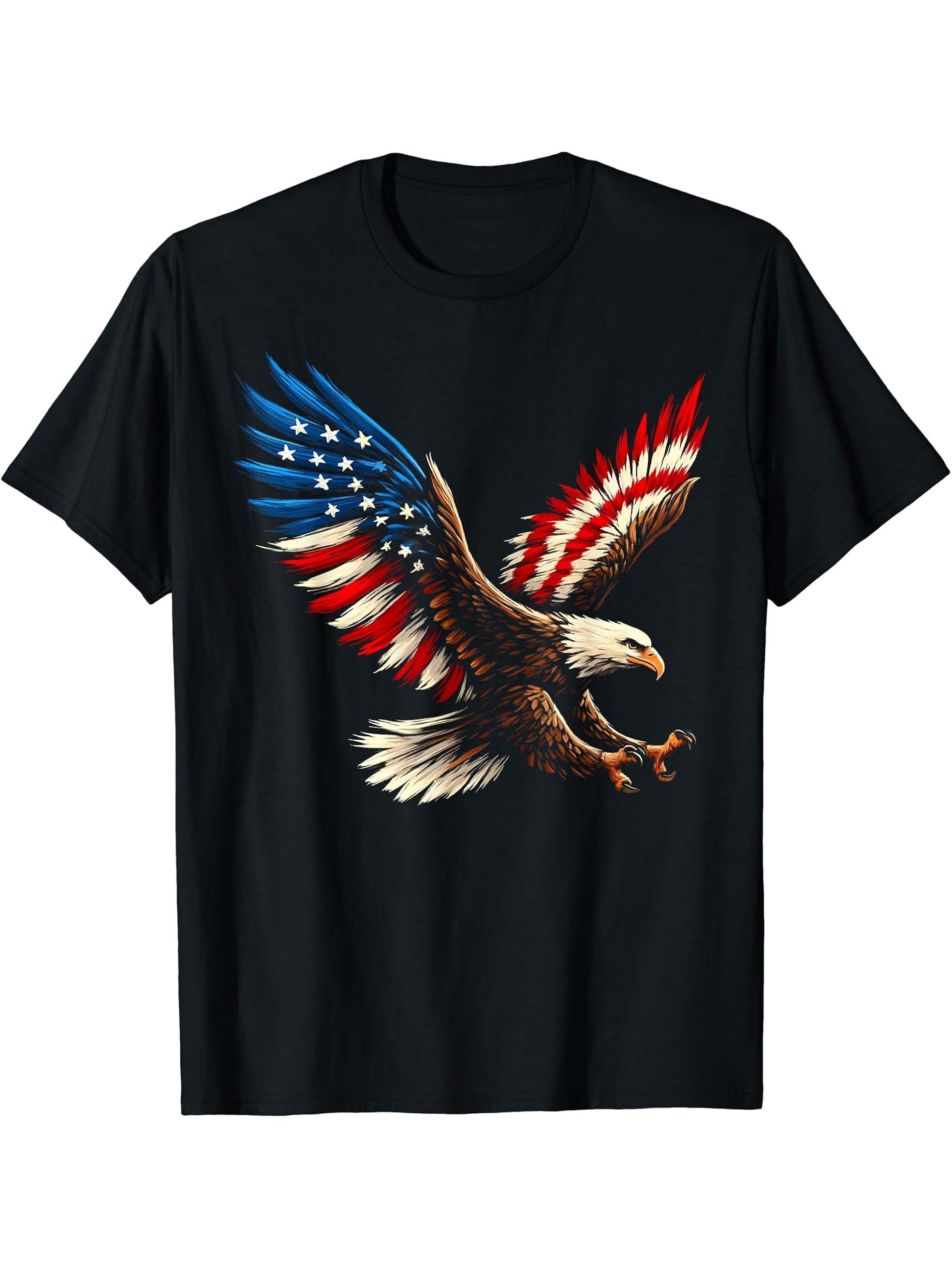 Bald Eagle & Patriotic American Flag 4th Of July T-Shirt 180G 100% Cotton Printed Round Neck Short-Sleeve T-Shirt, Gifts for Men Dad Husband Grandpa, S-XXXL, Black