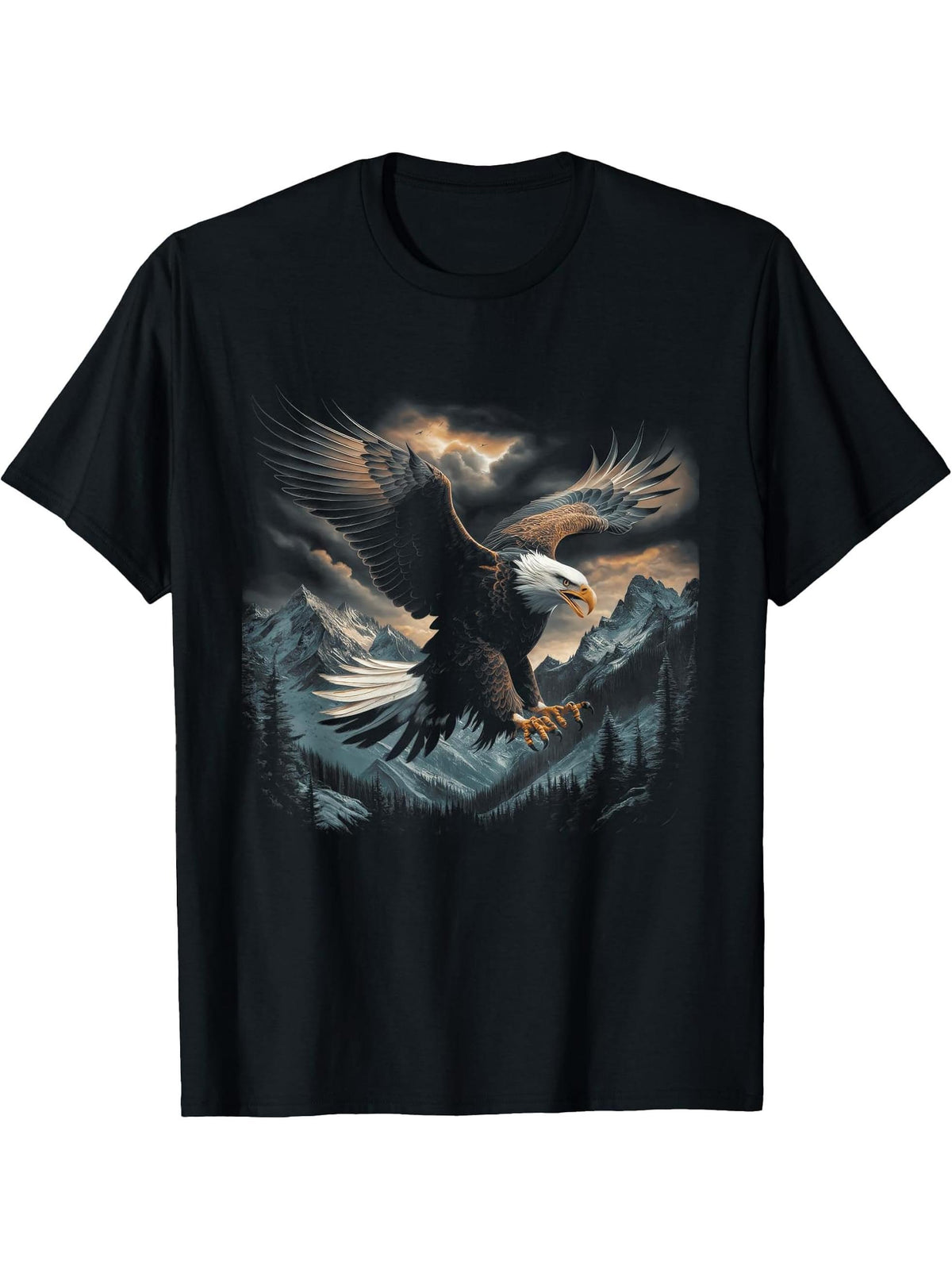 Bald Eagle Flying Across Mountains Forest American T-Shirt 180G 100% Cotton Printed Round Neck Short-Sleeve T-Shirt, Gifts for Men Dad Husband Grandpa, S-XXXL, Black
