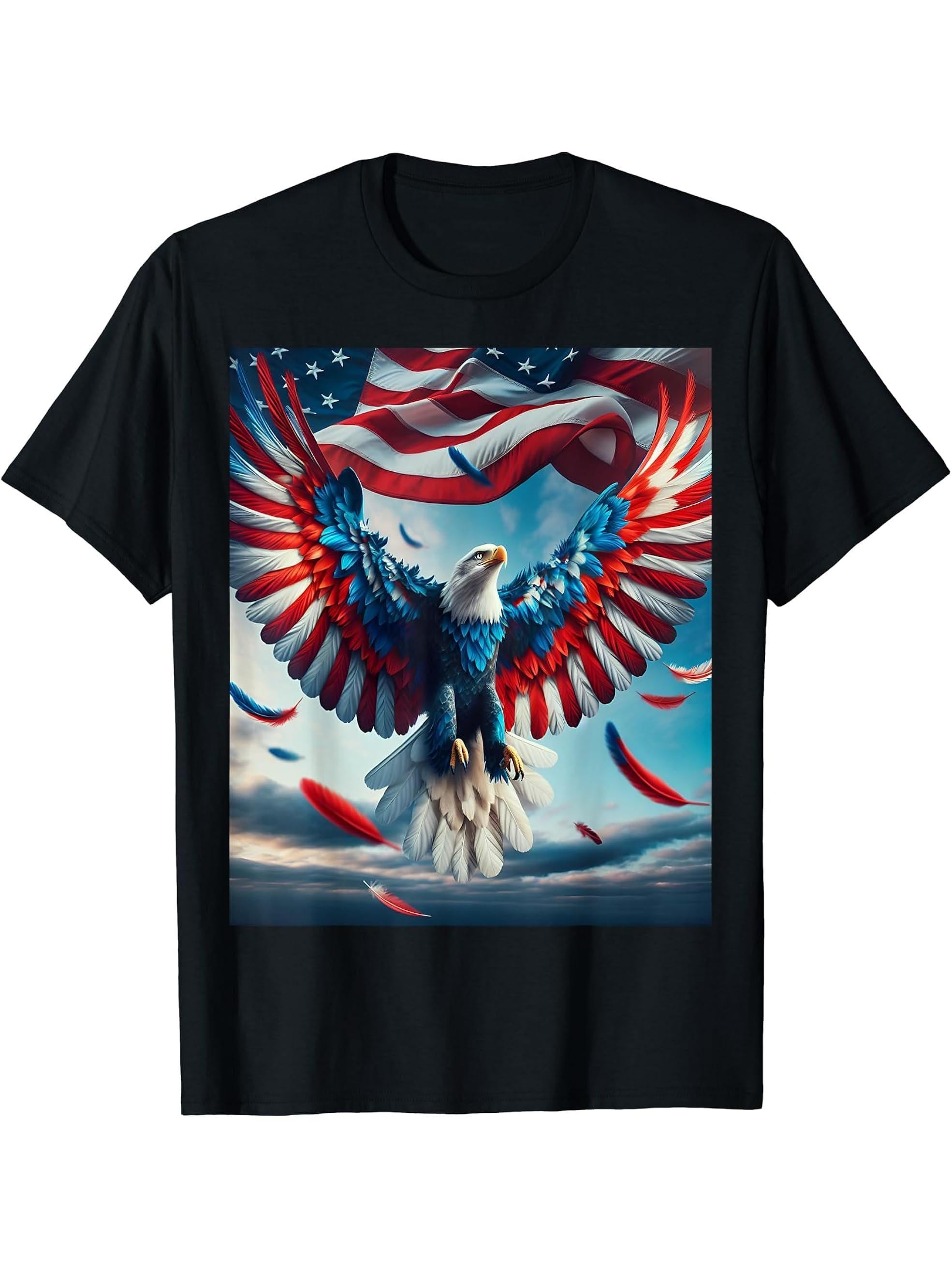 Flag-colored Bald Eagle T-Shirt 180G 100% Cotton Printed Round Neck Short-Sleeve T-Shirt, Gifts for Men Dad Husband Grandpa, S-XXXL, Black