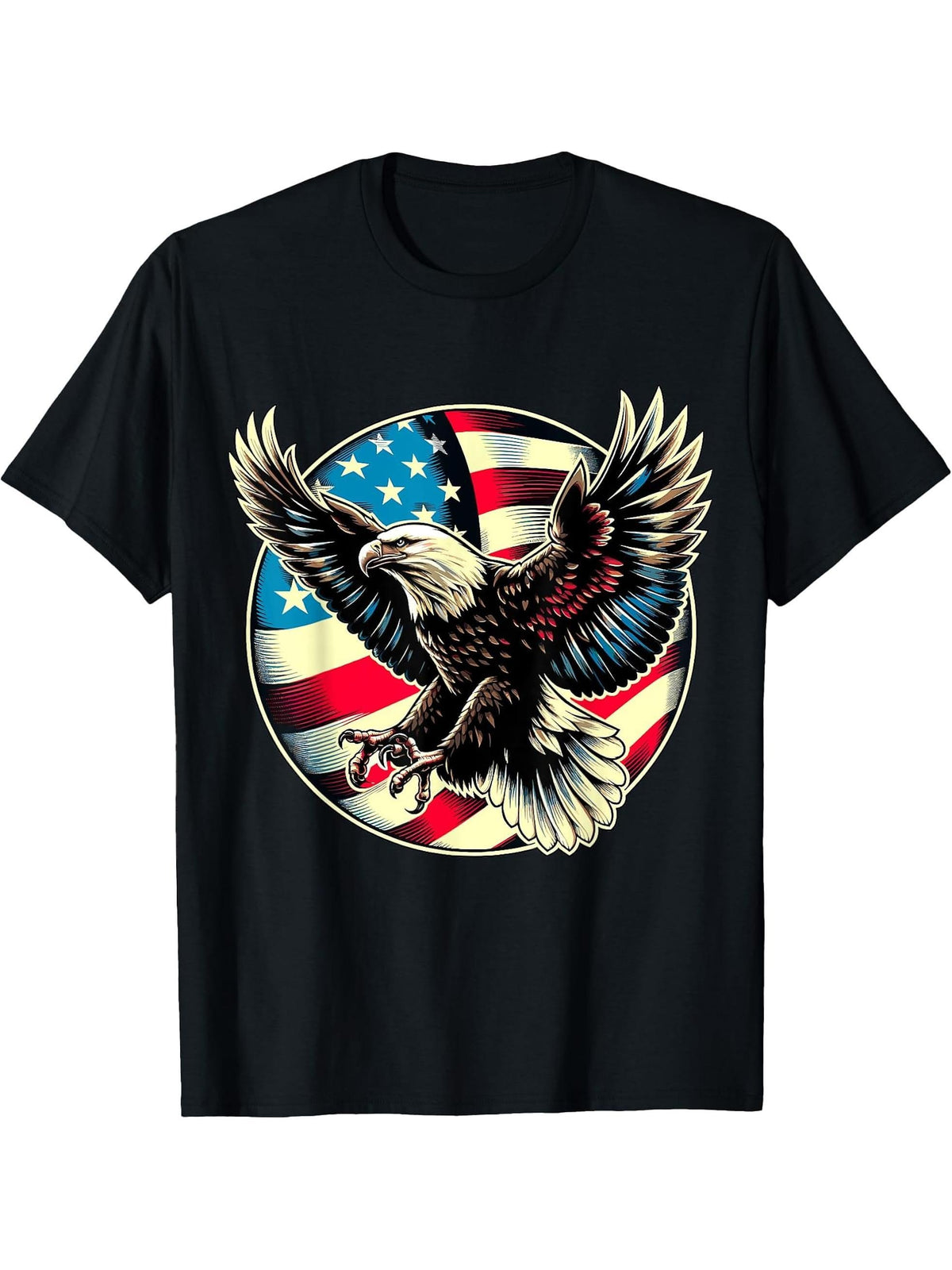 American Bald Eagle USA Flag 4th of July T-Shirt 180G 100% Cotton Printed Round Neck Short-Sleeve T-Shirt, Gifts for Men Dad Husband Grandpa, S-XXXL, Black
