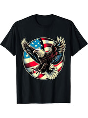 American Bald Eagle USA Flag 4th of July T-Shirt 180G 100% Cotton Printed Round Neck Short-Sleeve T-Shirt, Gifts for Men Dad Husband Grandpa, S-XXXL, Black