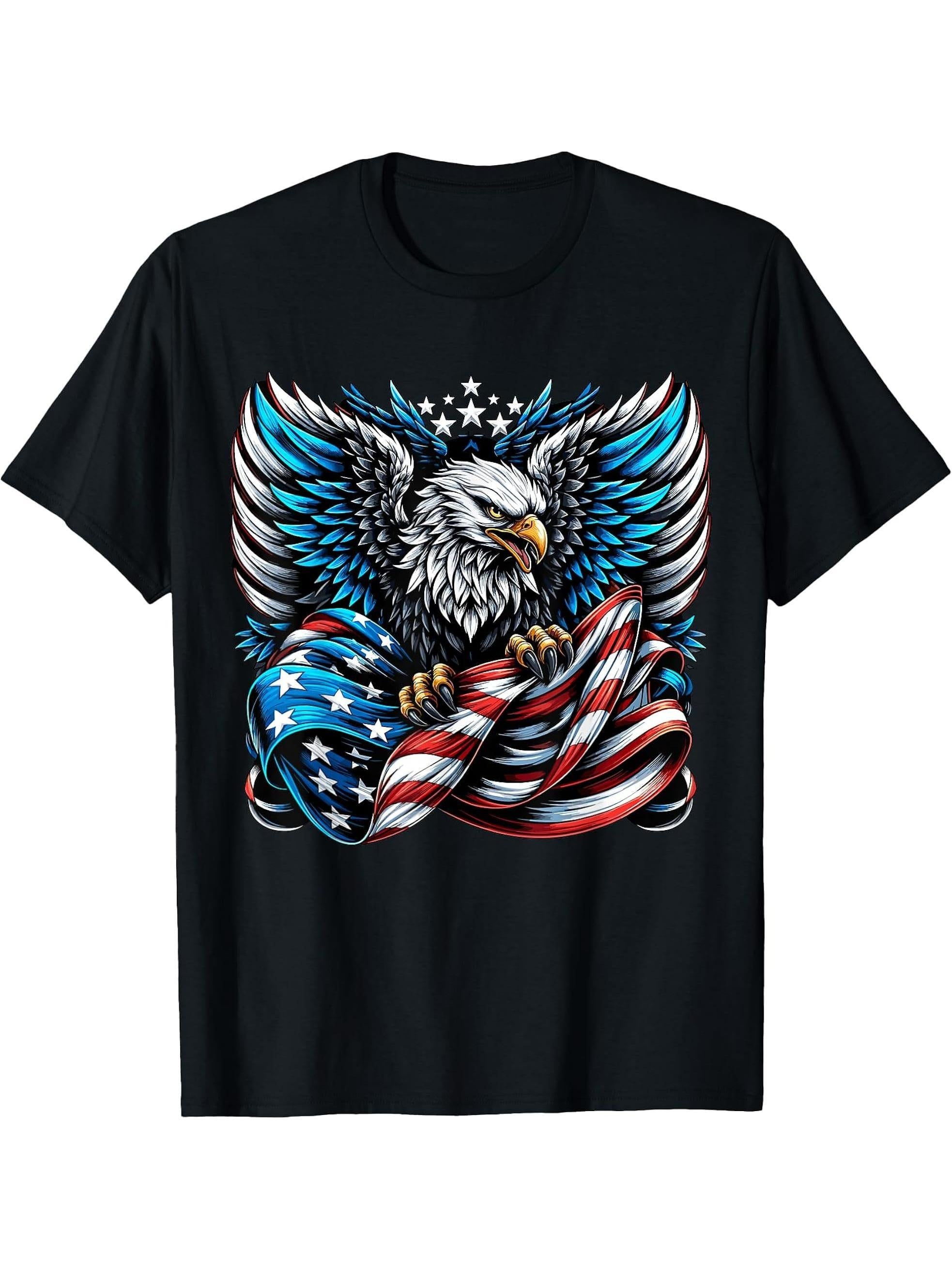 American Bald Eagle USA Flag 4th of July T-Shirt 180G 100% Cotton Printed Round Neck Short-Sleeve T-Shirt, Gifts for Men Dad Husband Grandpa, S-XXXL, Black