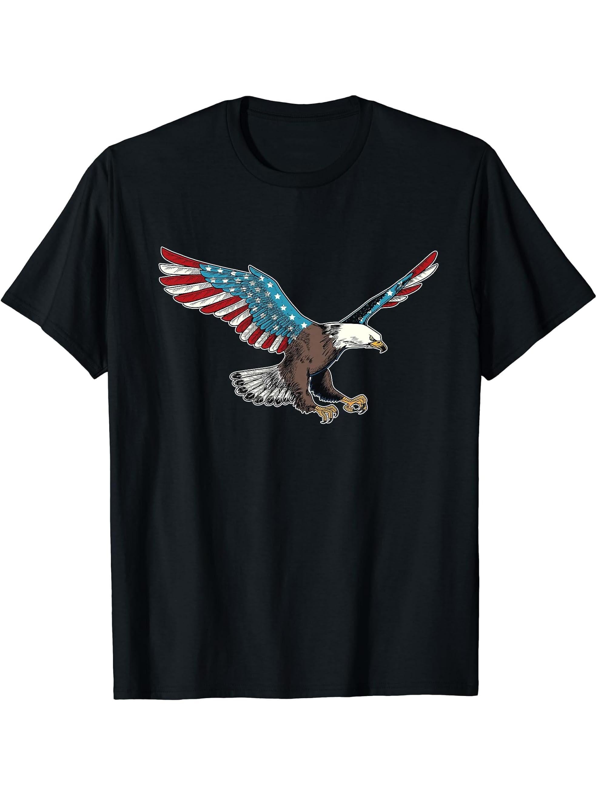 Bald Eagle & Patriotic American Flag 4th Of July T-Shirt 180G 100% Cotton Printed Round Neck Short-Sleeve T-Shirt, Gifts for Men Dad Husband Grandpa, S-XXXL, Black