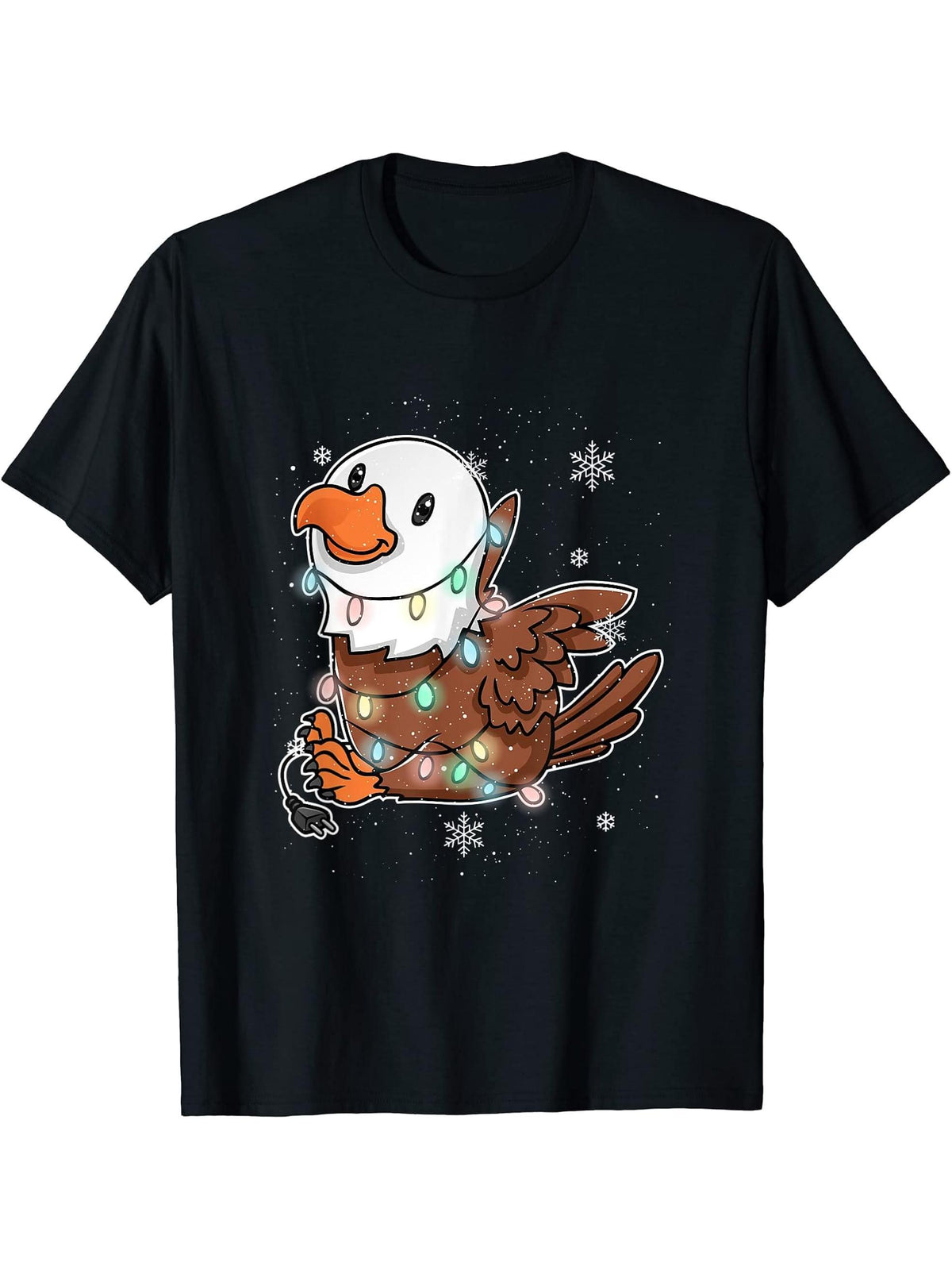 Christmas Tree Lights Ornaments Festive American Bald Eagle T-Shirt 180G 100% Cotton Printed Round Neck Short-Sleeve T-Shirt, Gifts for Men Dad Husband Grandpa, S-XXXL, Black