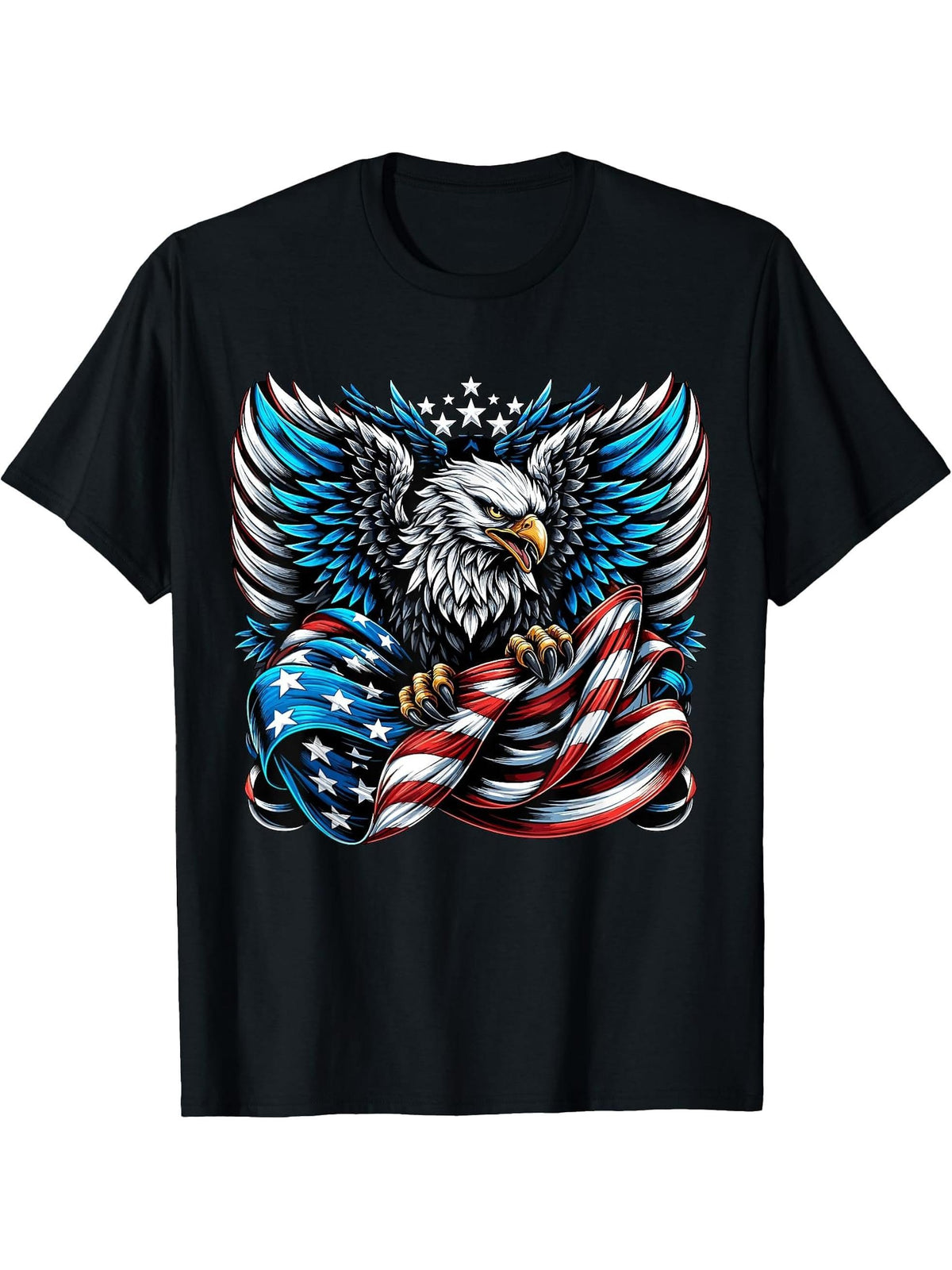 American Bald Eagle USA Flag 4th of July T-Shirt 180G 100% Cotton Printed Round Neck Short-Sleeve T-Shirt, Gifts for Men Dad Husband Grandpa, S-XXXL, Black